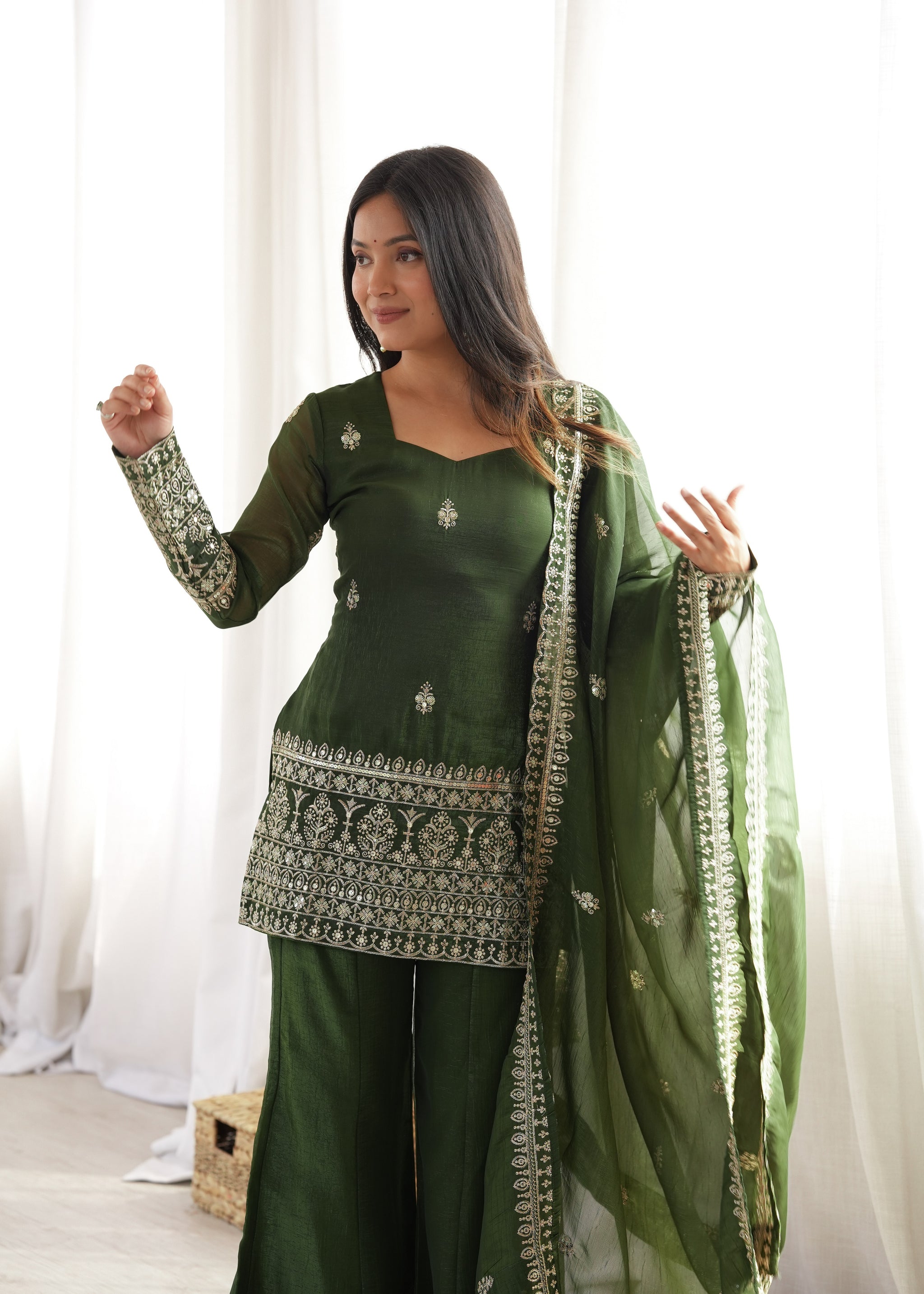 Mehandi Color Crunchy Silk Embroidered Sharara Suit