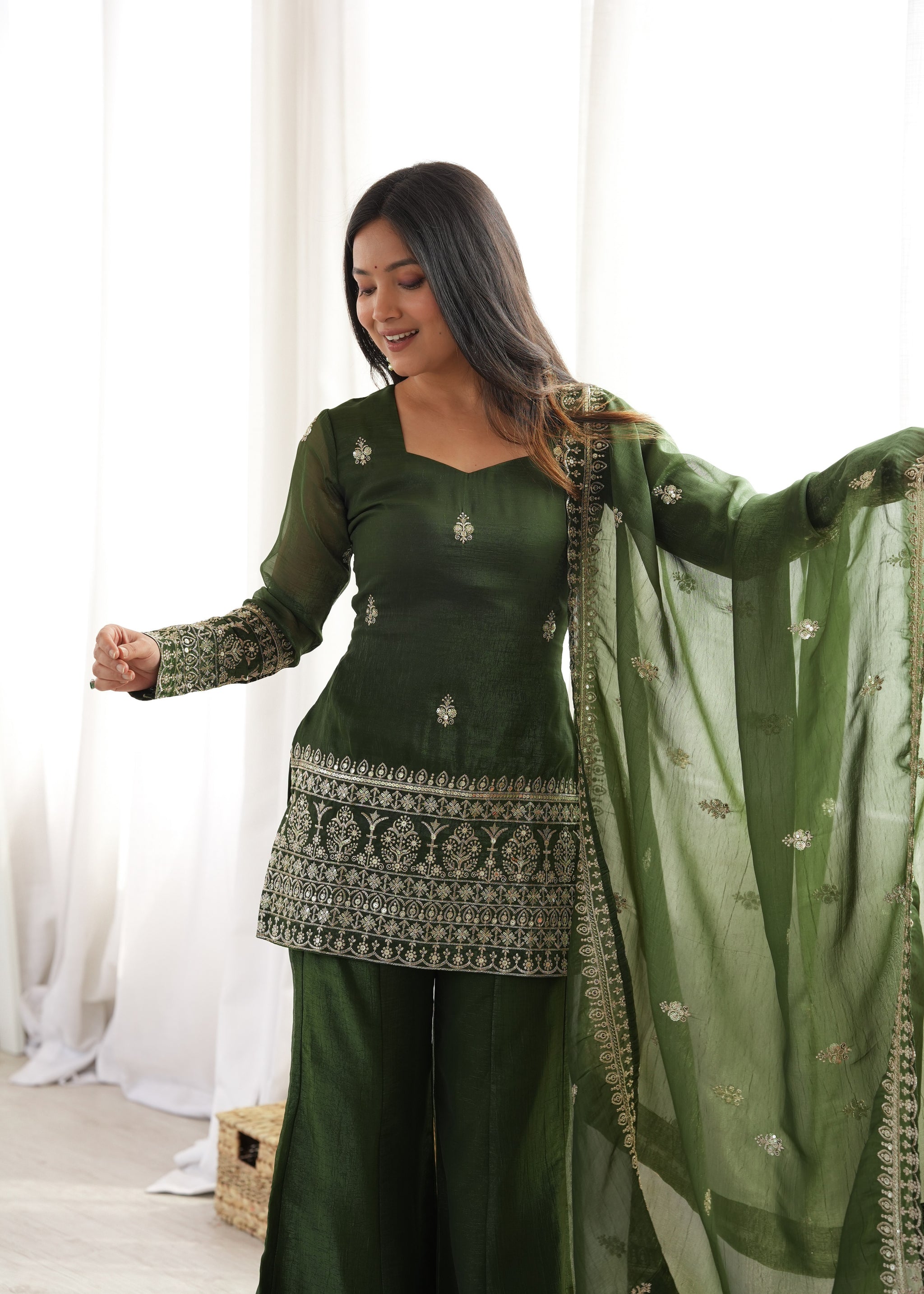 Mehandi Color Crunchy Silk Embroidered Sharara Suit