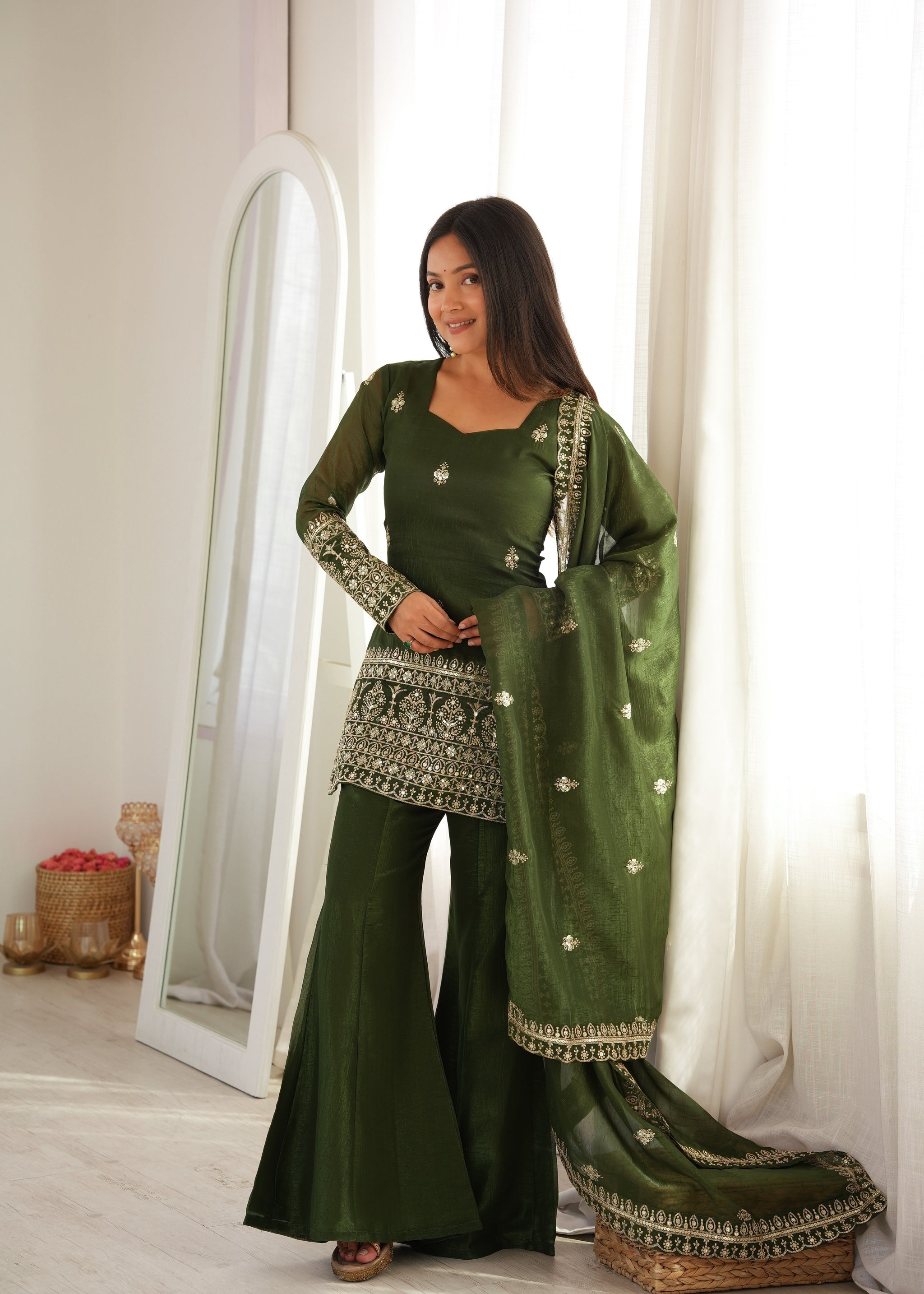Mehandi Color Crunchy Silk Embroidered Sharara Suit