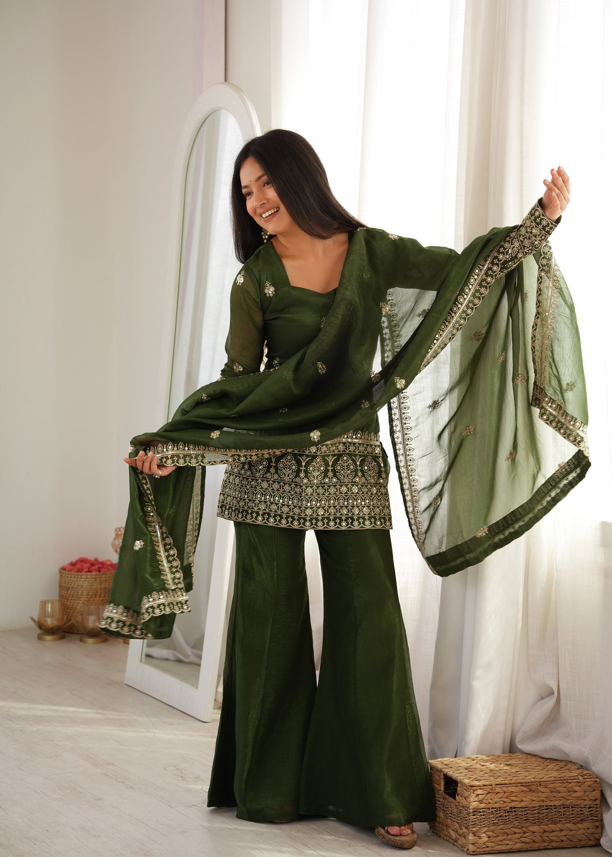 Mehandi Color Crunchy Silk Embroidered Sharara Suit