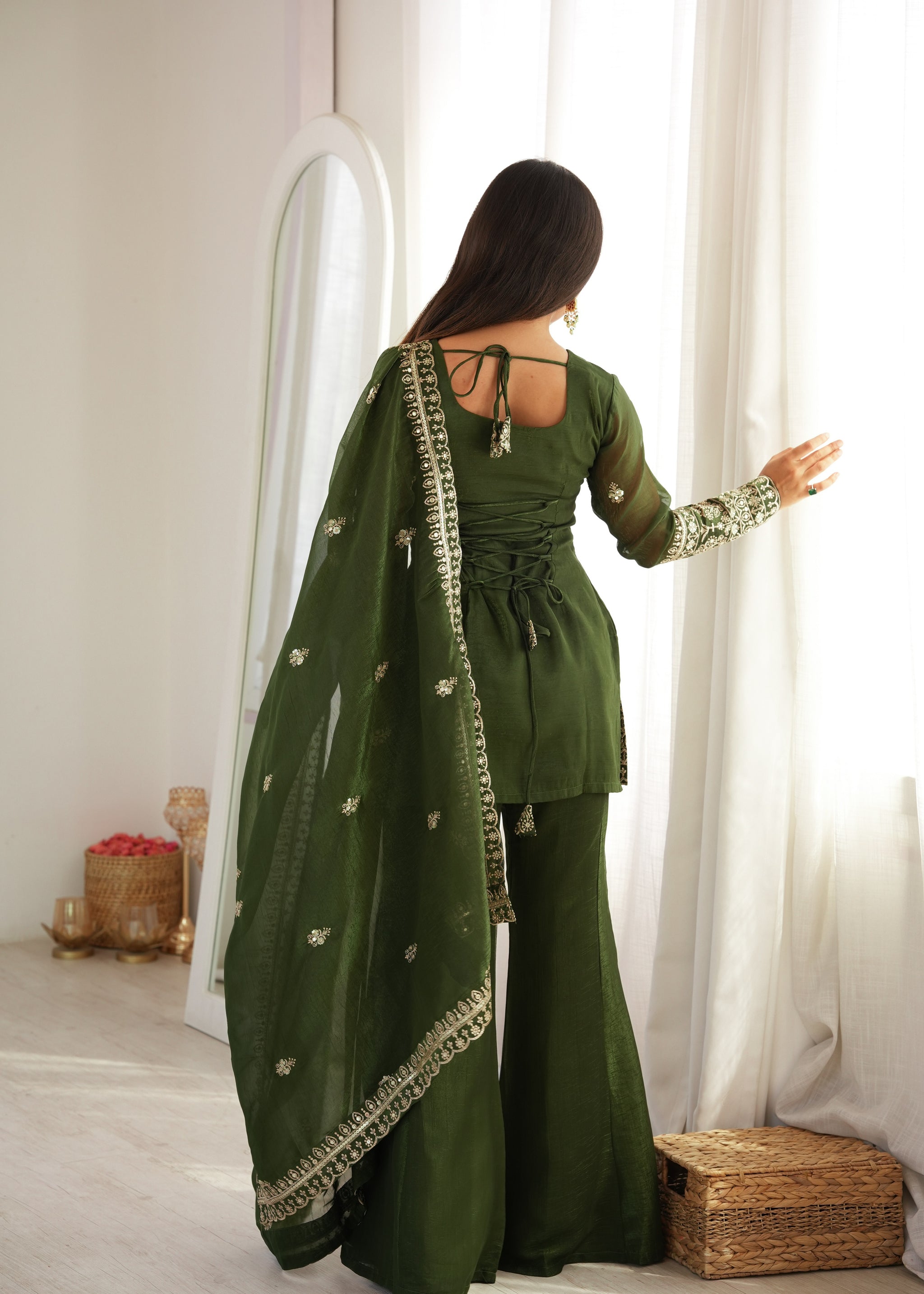 Mehandi Color Crunchy Silk Embroidered Sharara Suit