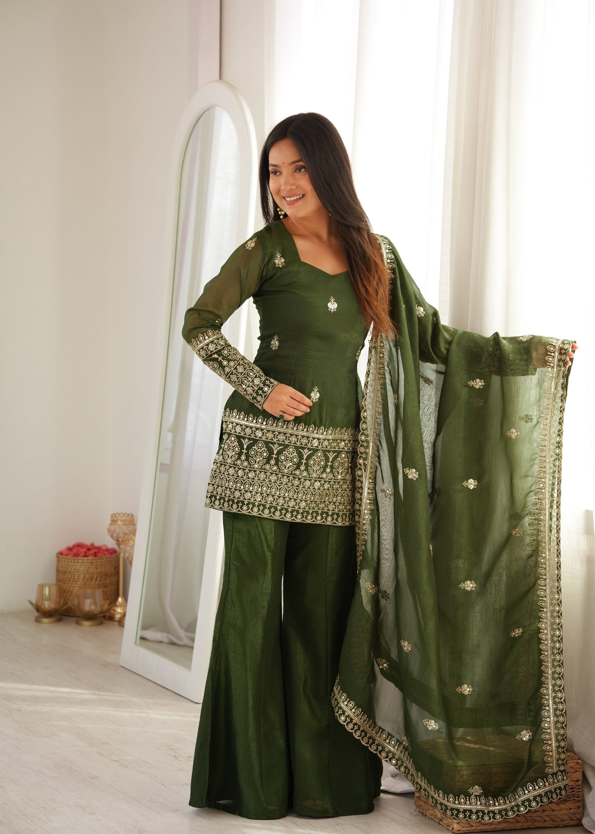 Mehandi Color Crunchy Silk Embroidered Sharara Suit