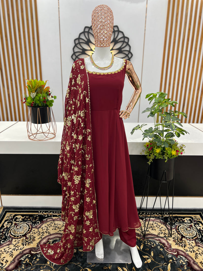 Maroon Heavy Faux Georgette Anarkali Gown With Embroidery Sequence Work Dupatta