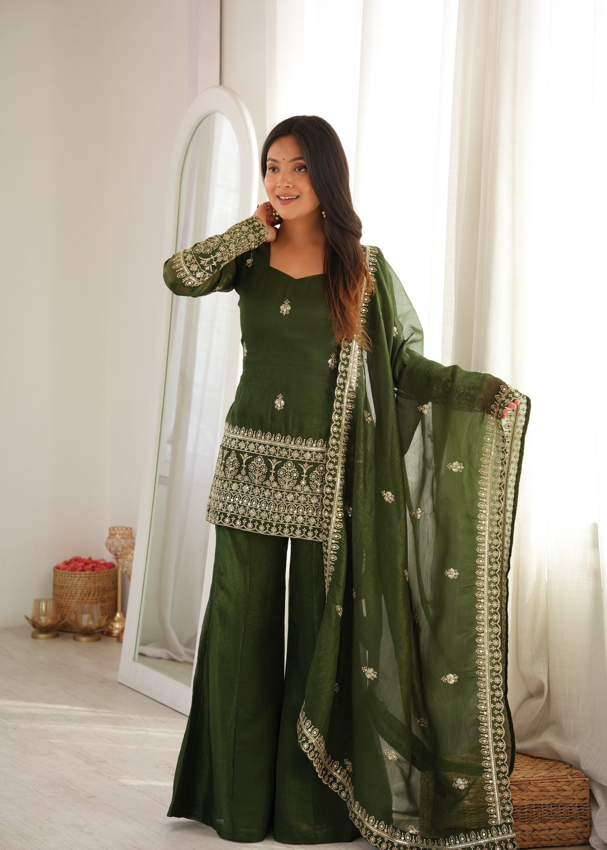 Mehandi Color Crunchy Silk Embroidered Sharara Suit