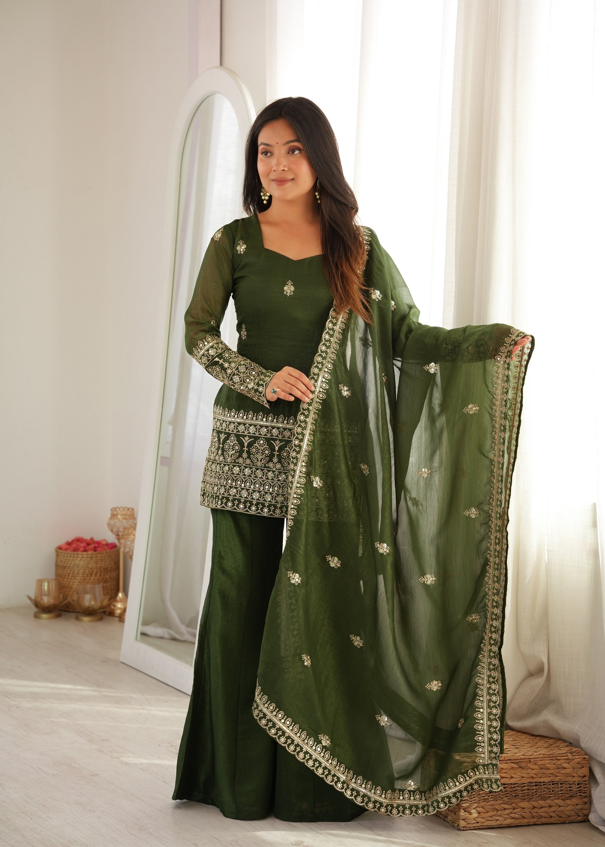 Mehandi Color Crunchy Silk Embroidered Sharara Suit