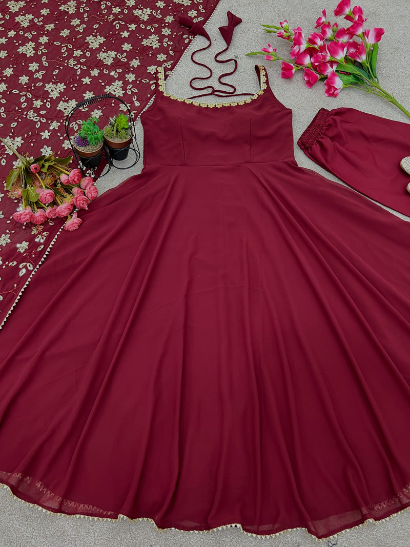 Maroon Heavy Faux Georgette Anarkali Gown With Embroidery Sequence Work Dupatta