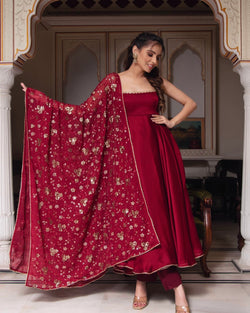 Maroon Heavy Faux Georgette Anarkali Gown With Embroidery Sequence Work Dupatta