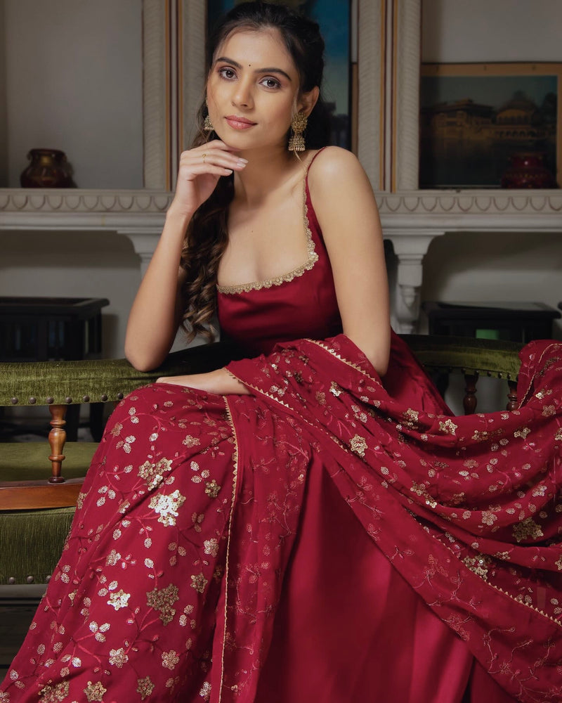 Maroon Heavy Faux Georgette Anarkali Gown With Embroidery Sequence Work Dupatta