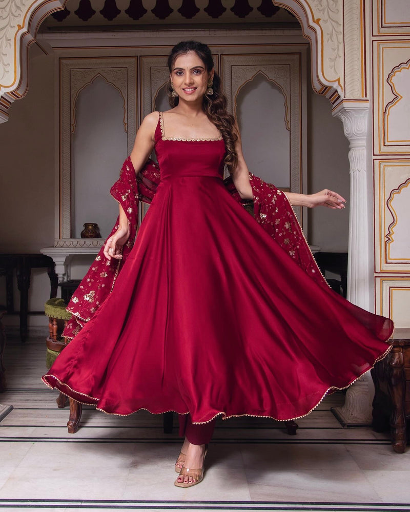 Maroon Heavy Faux Georgette Anarkali Gown With Embroidery Sequence Work Dupatta