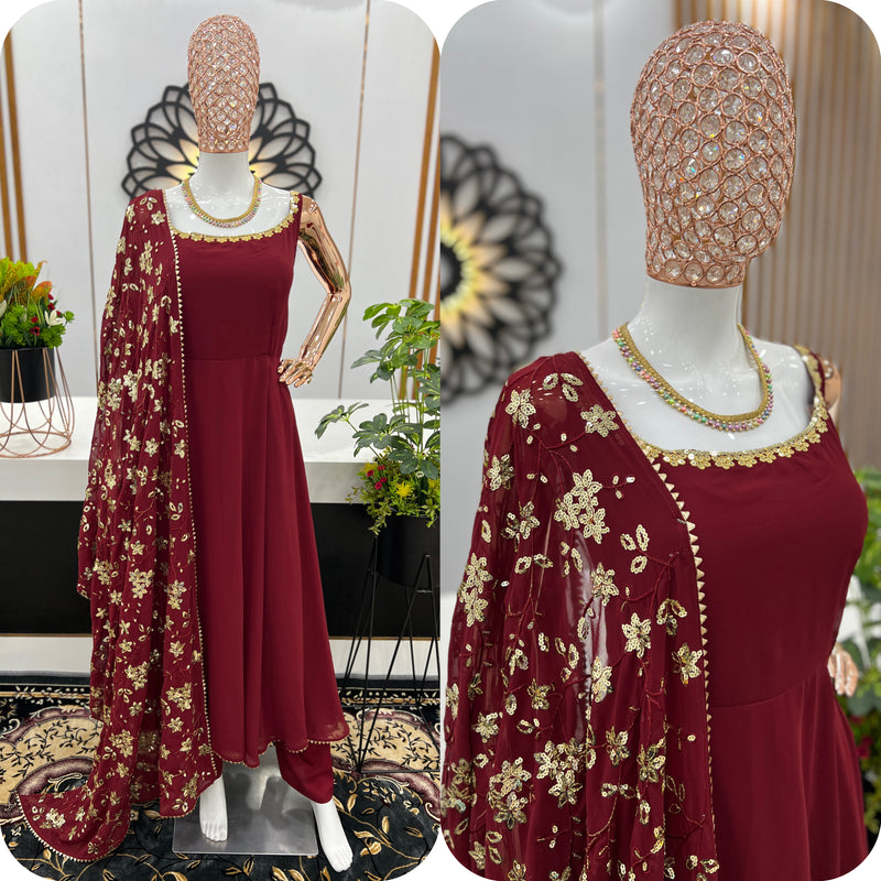 Maroon Heavy Faux Georgette Anarkali Gown With Embroidery Sequence Work Dupatta