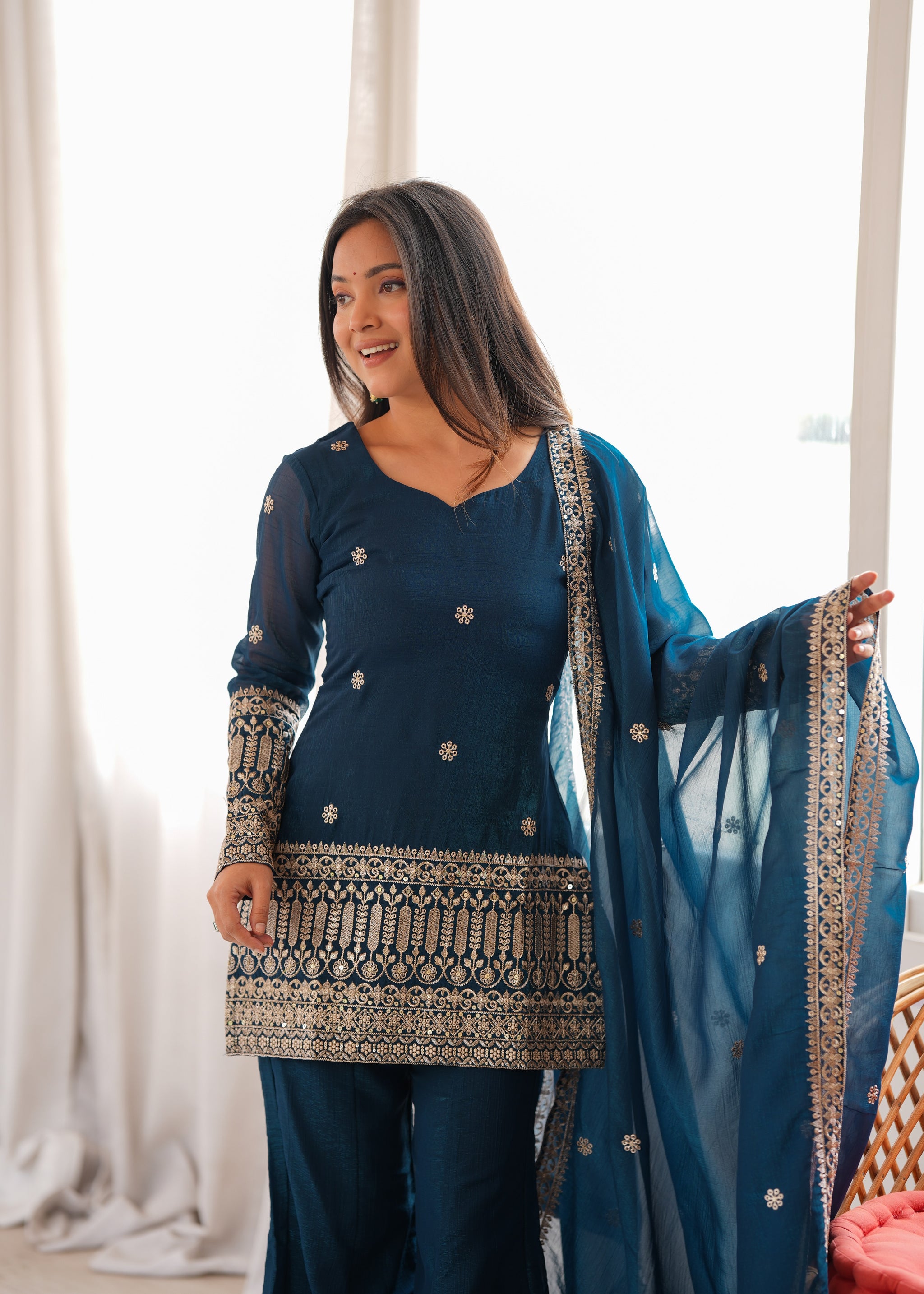 Teal Blue Color Embroidered Crunchy Silk Plazzo Suit