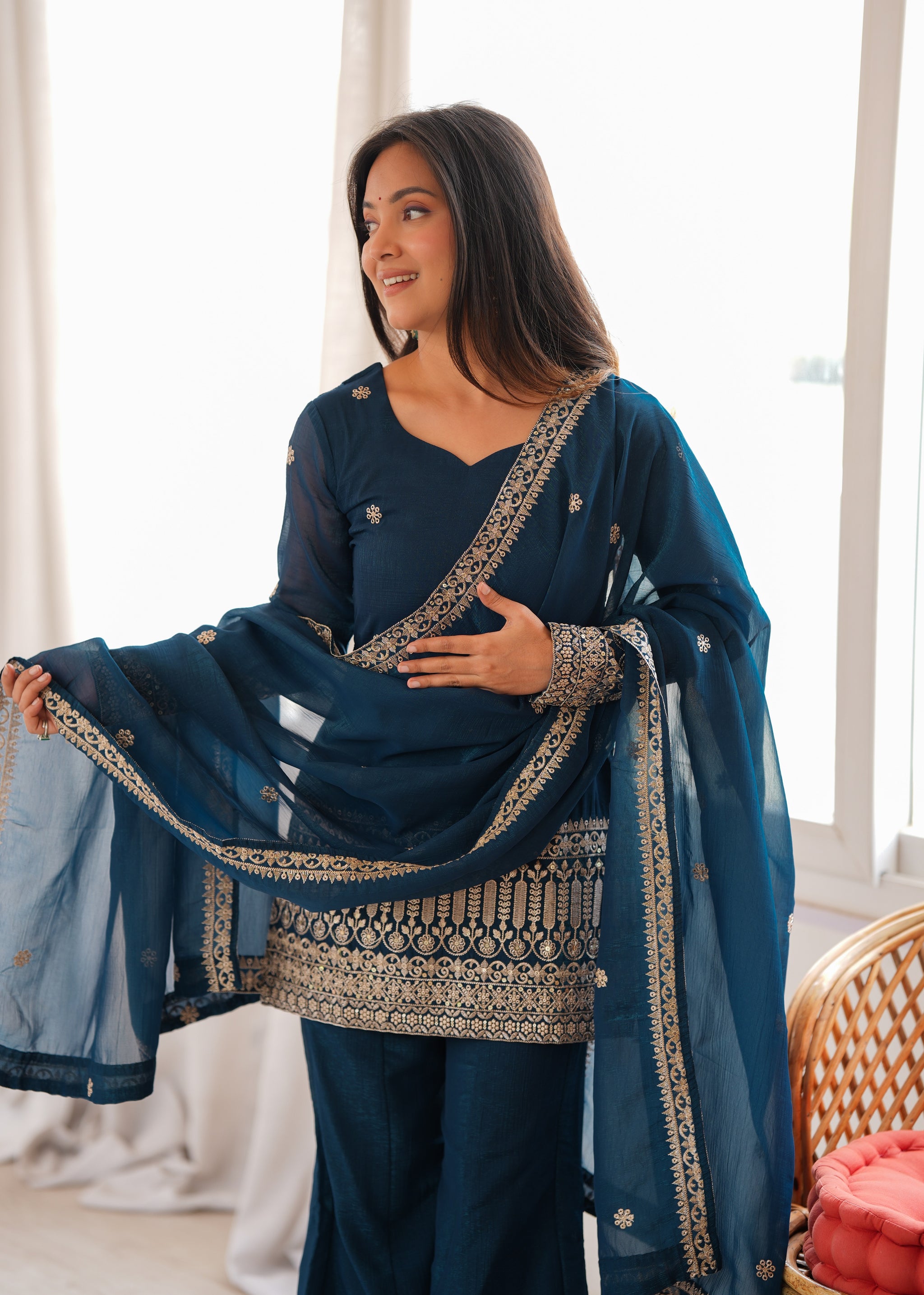 Teal Blue Color Embroidered Crunchy Silk Plazzo Suit
