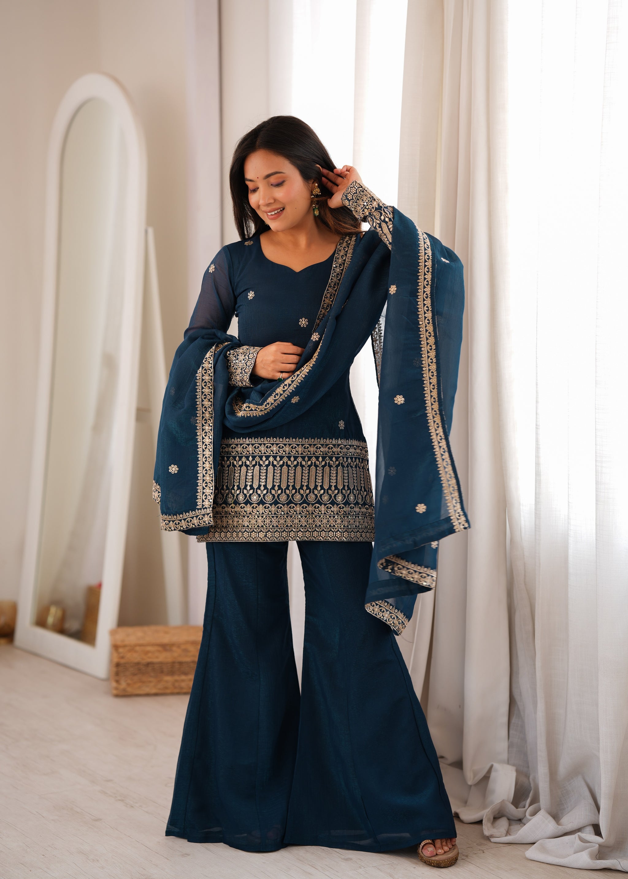 Teal Blue Color Embroidered Crunchy Silk Plazzo Suit