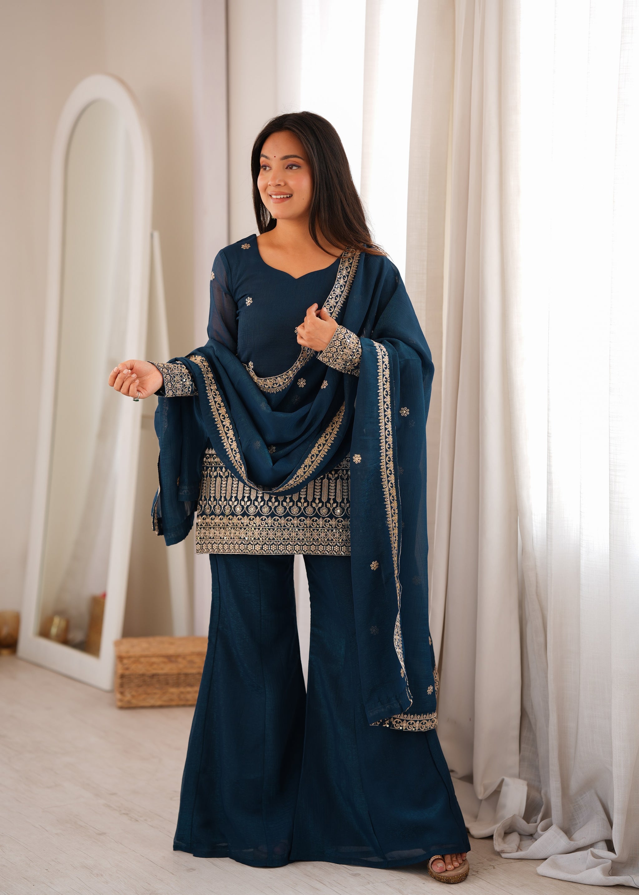 Teal Blue Color Embroidered Crunchy Silk Plazzo Suit