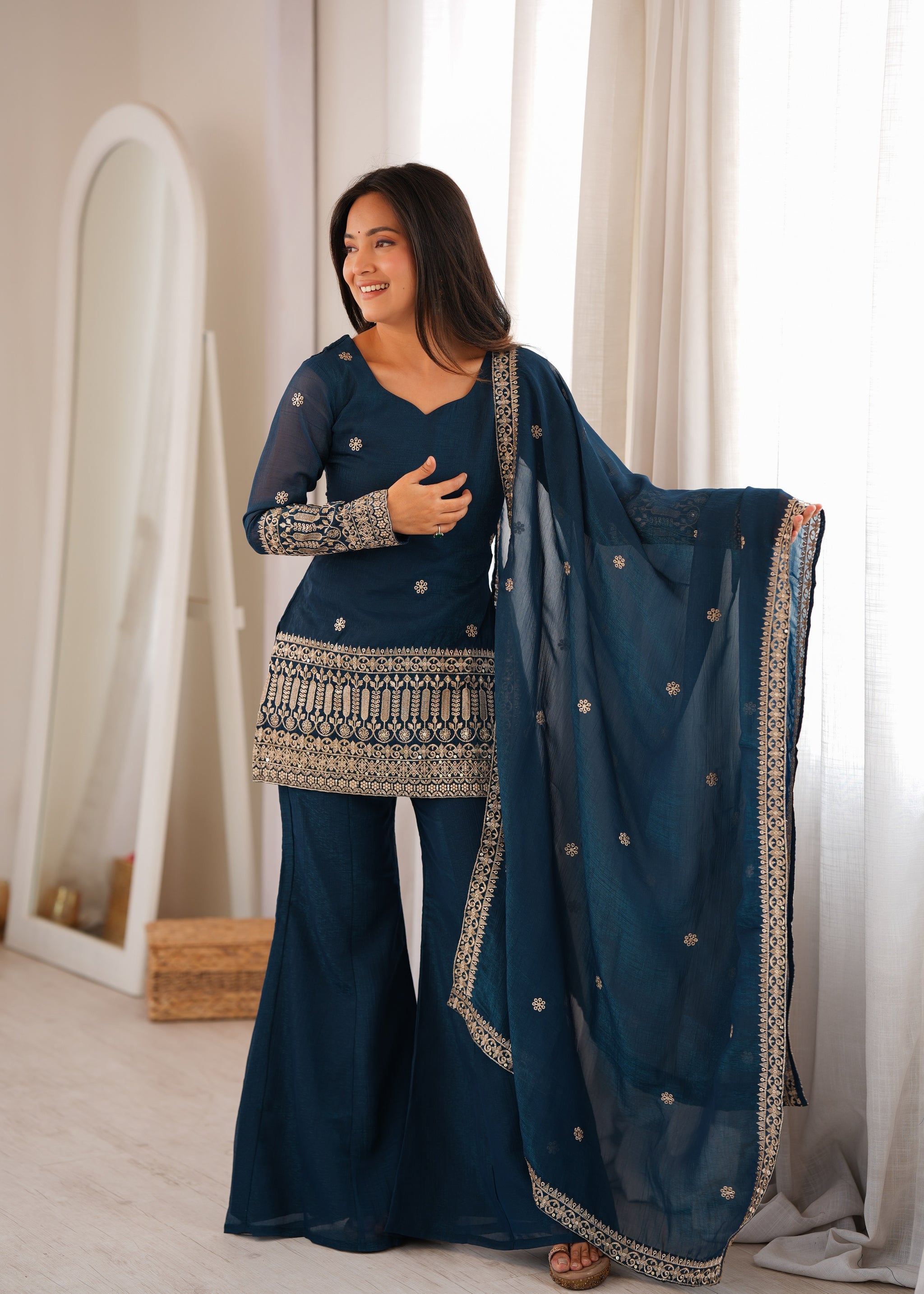 Teal Blue Color Embroidered Crunchy Silk Plazzo Suit