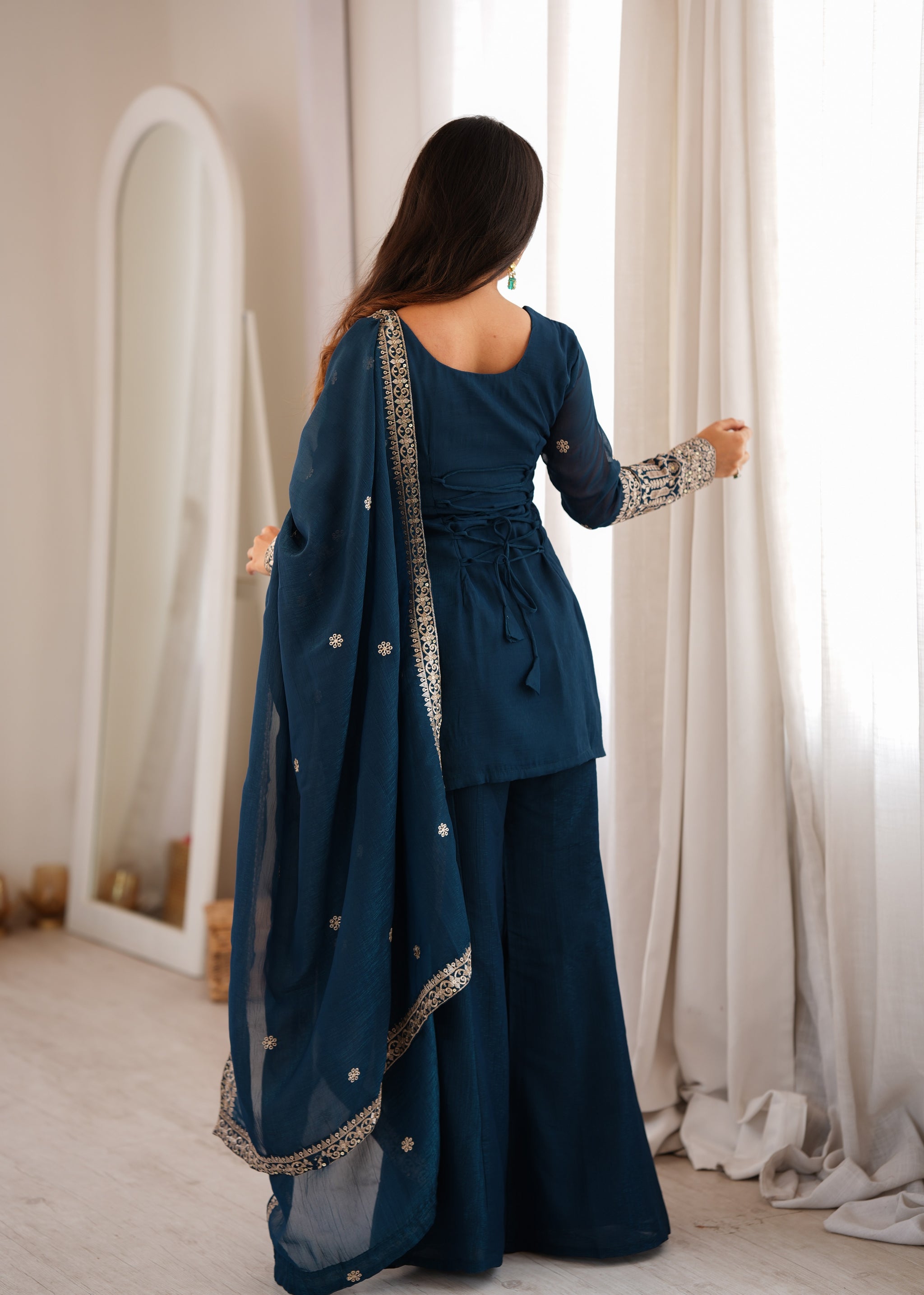 Teal Blue Color Embroidered Crunchy Silk Plazzo Suit