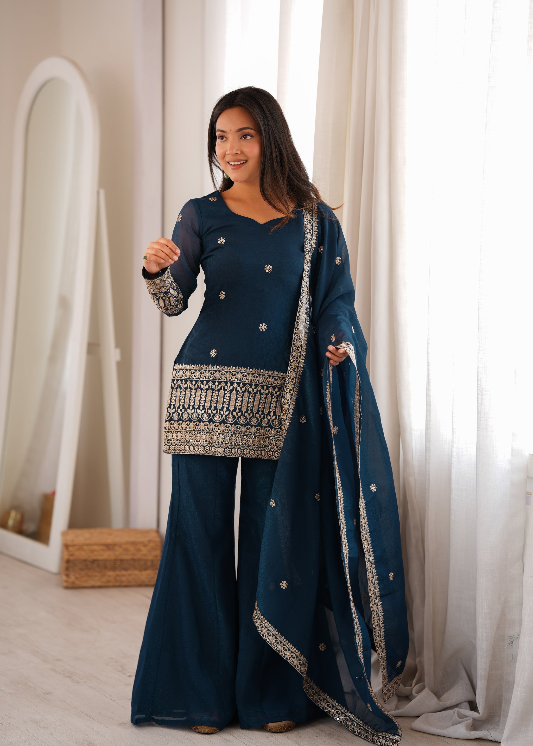Teal Blue Color Embroidered Crunchy Silk Plazzo Suit