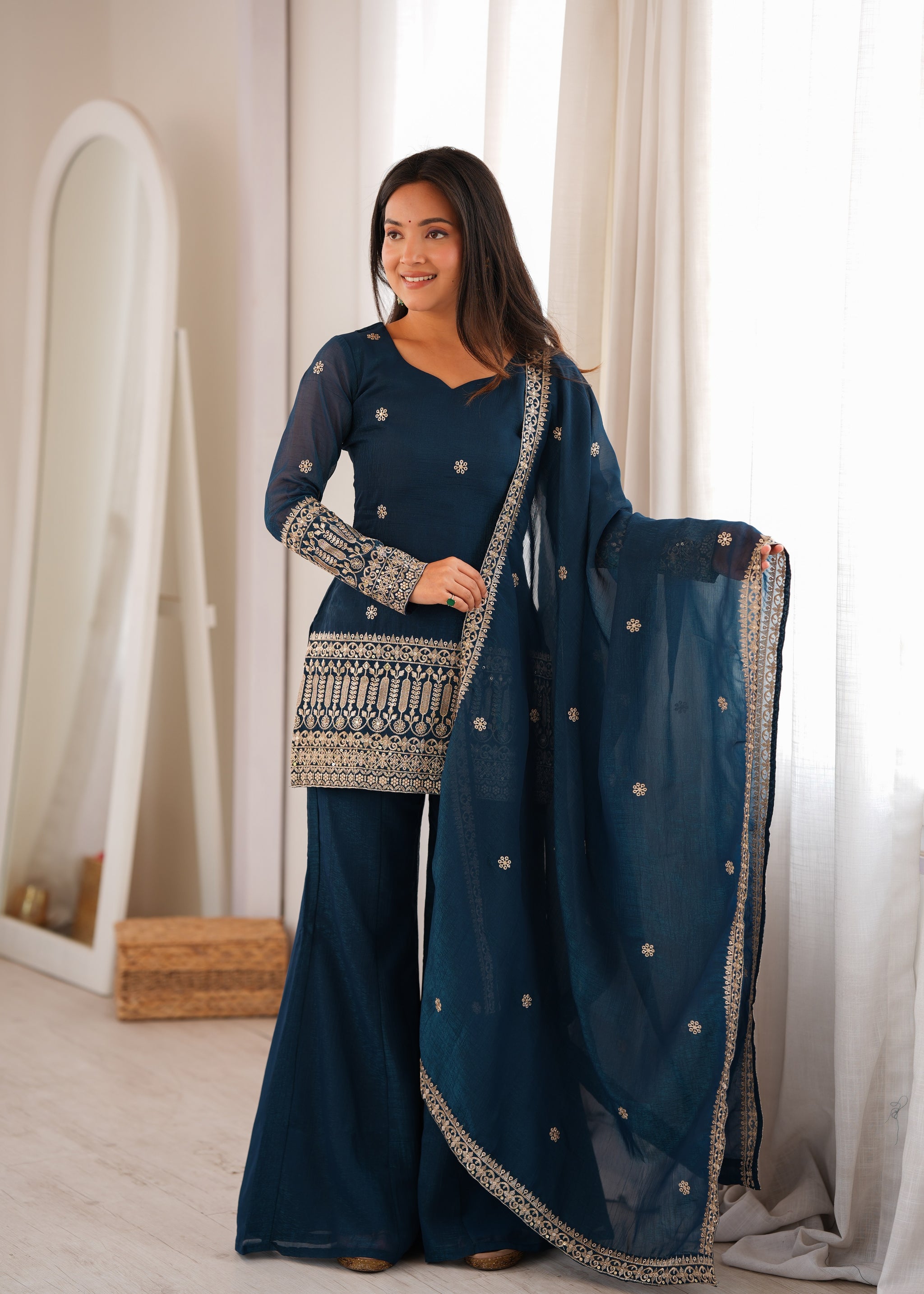 Teal Blue Color Embroidered Crunchy Silk Plazzo Suit