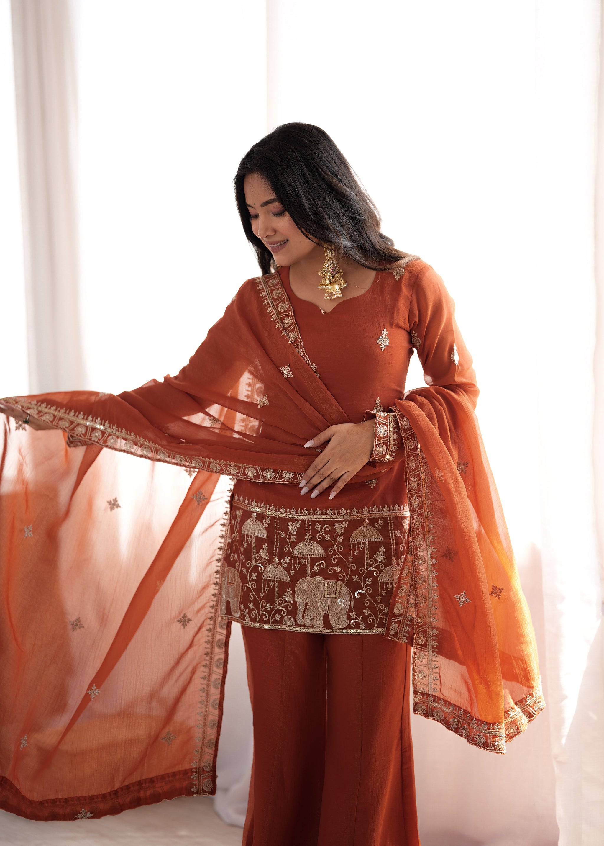 Rust Orange Color Crunchy Silk Embroidered Plazzo Suit