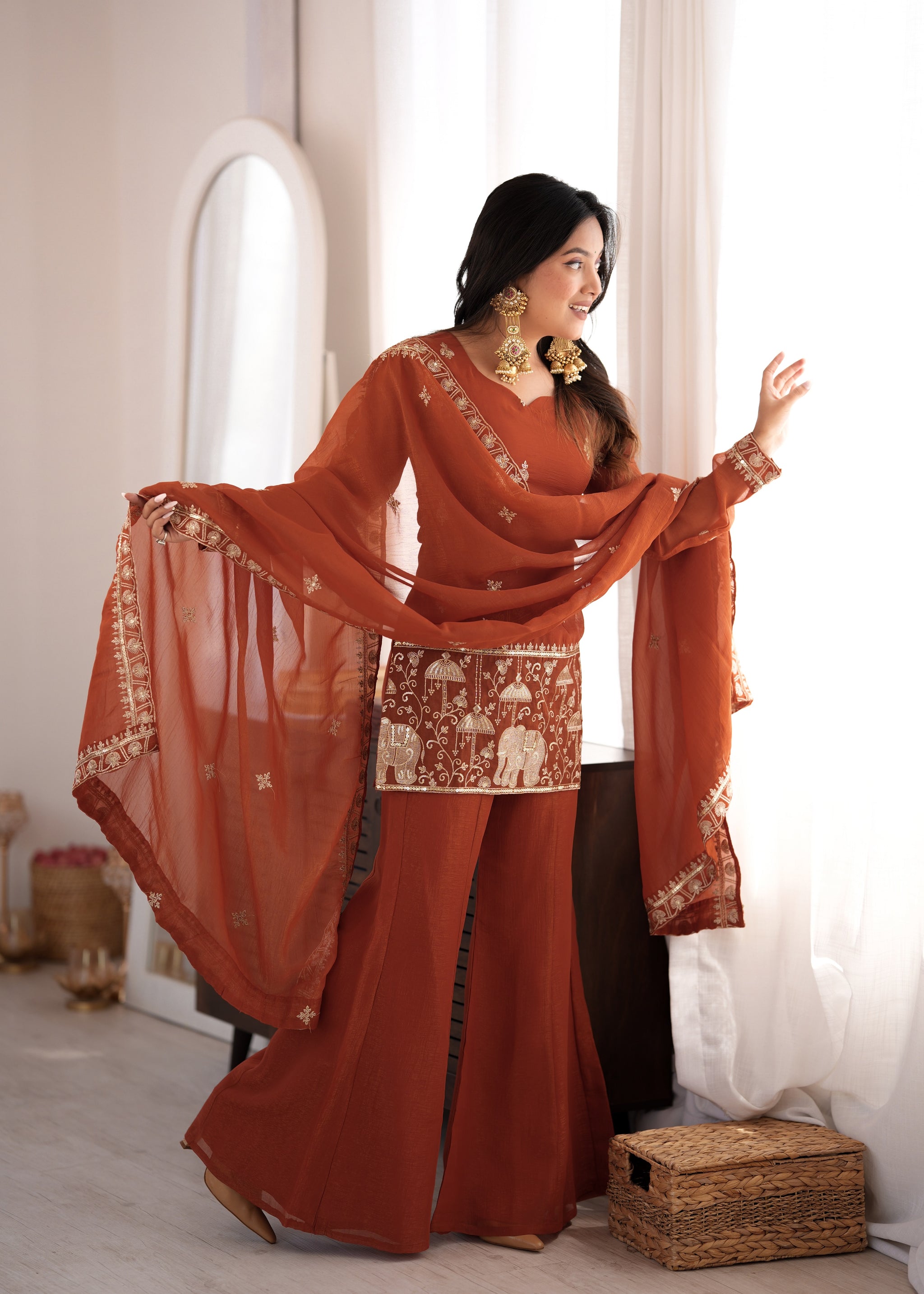 Rust Orange Color Crunchy Silk Embroidered Plazzo Suit