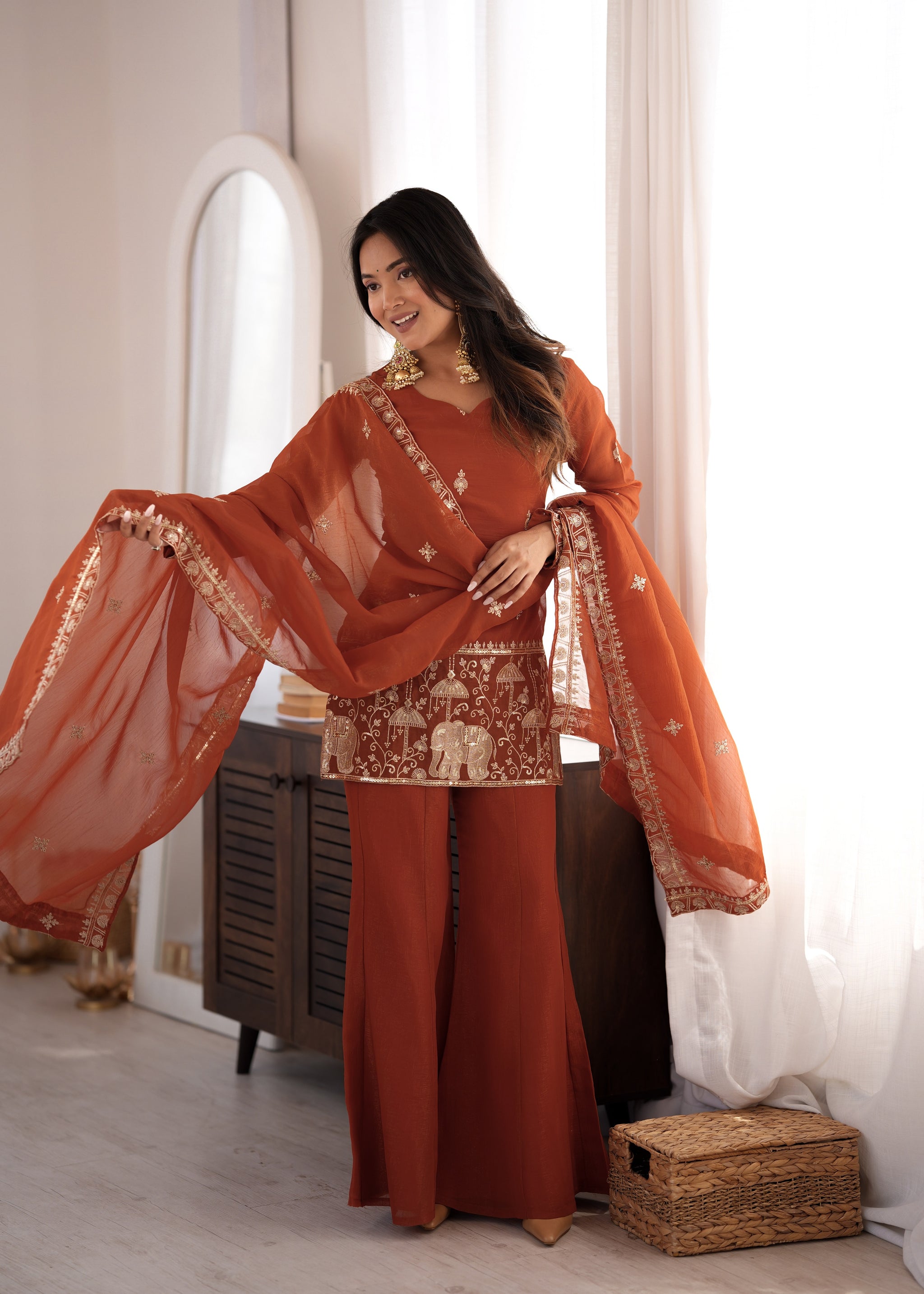 Rust Orange Color Crunchy Silk Embroidered Plazzo Suit