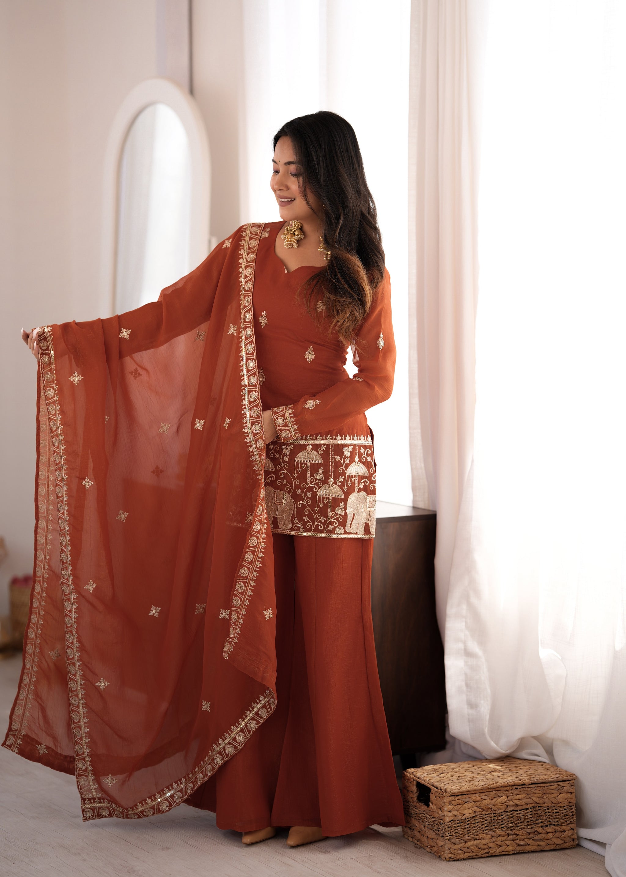 Rust Orange Color Crunchy Silk Embroidered Plazzo Suit