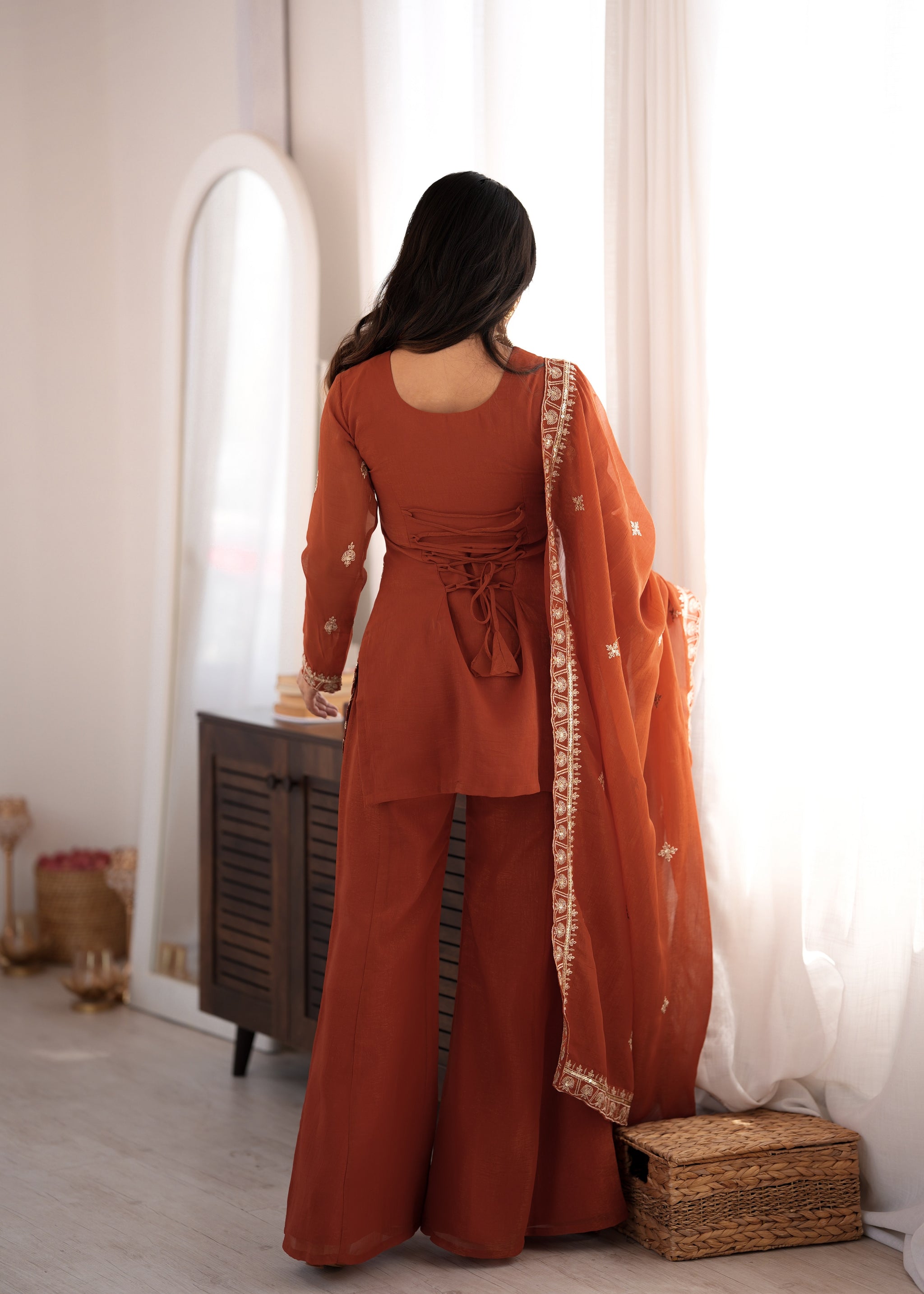 Rust Orange Color Crunchy Silk Embroidered Plazzo Suit