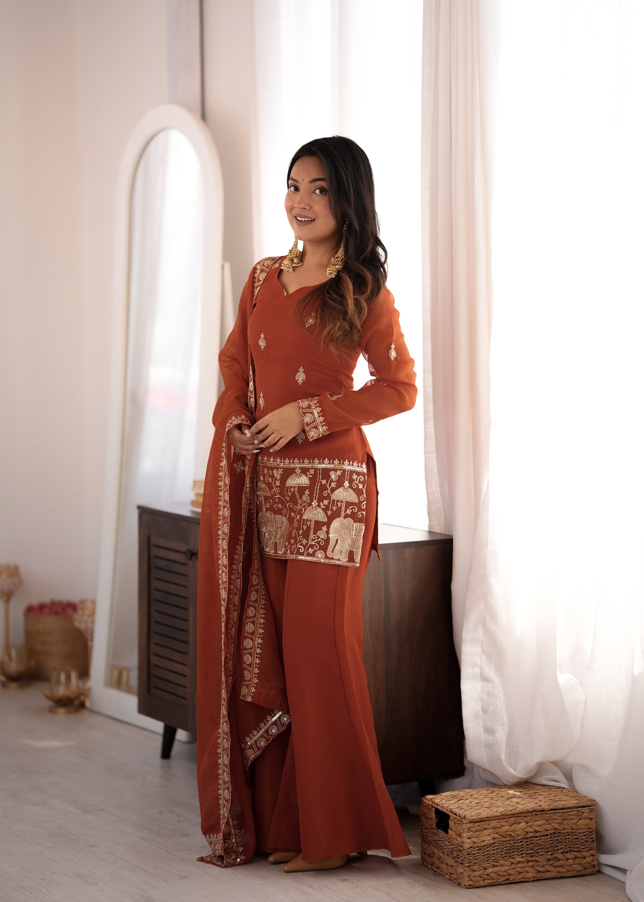 Rust Orange Color Crunchy Silk Embroidered Plazzo Suit