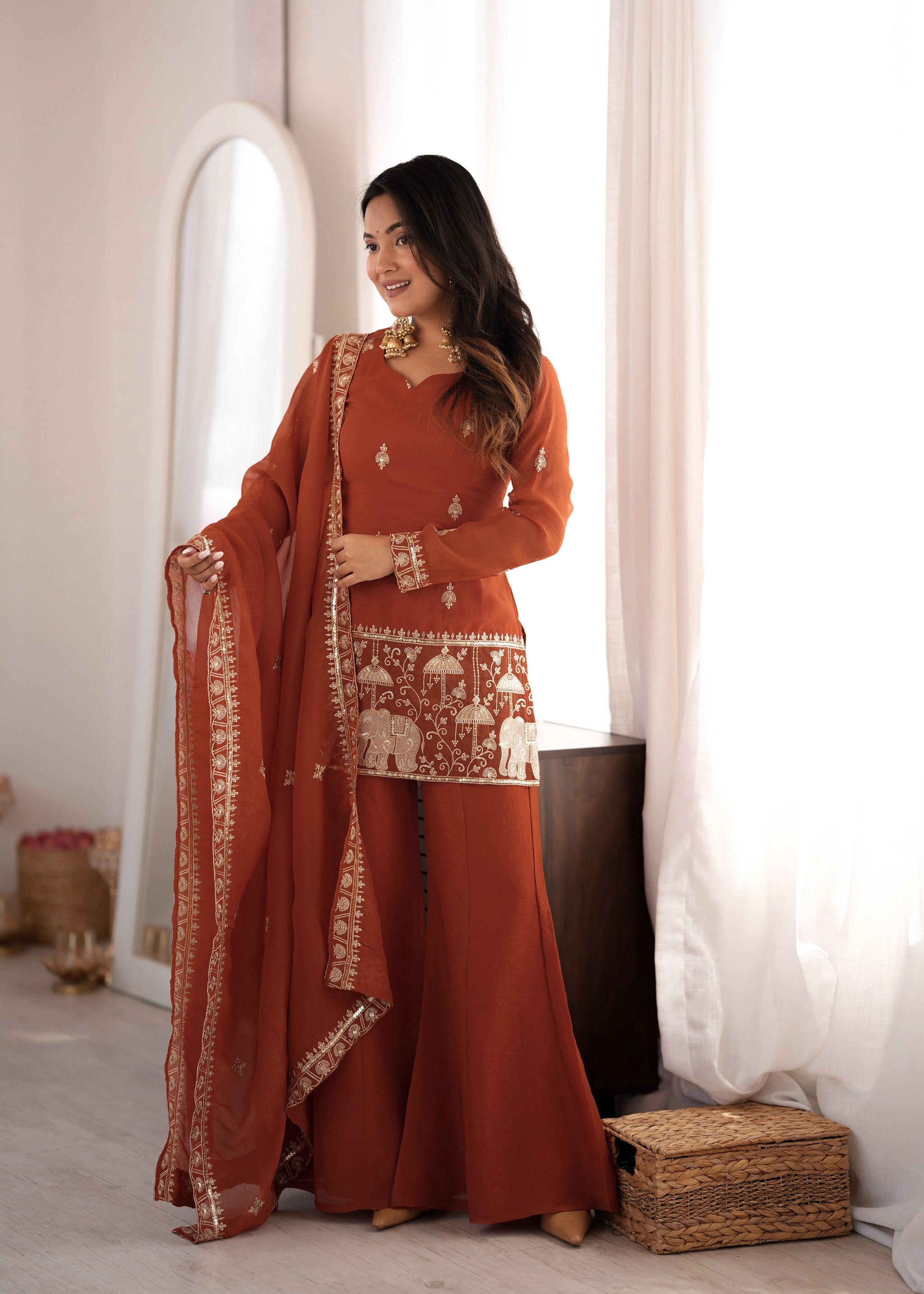 Rust Orange Color Crunchy Silk Embroidered Plazzo Suit