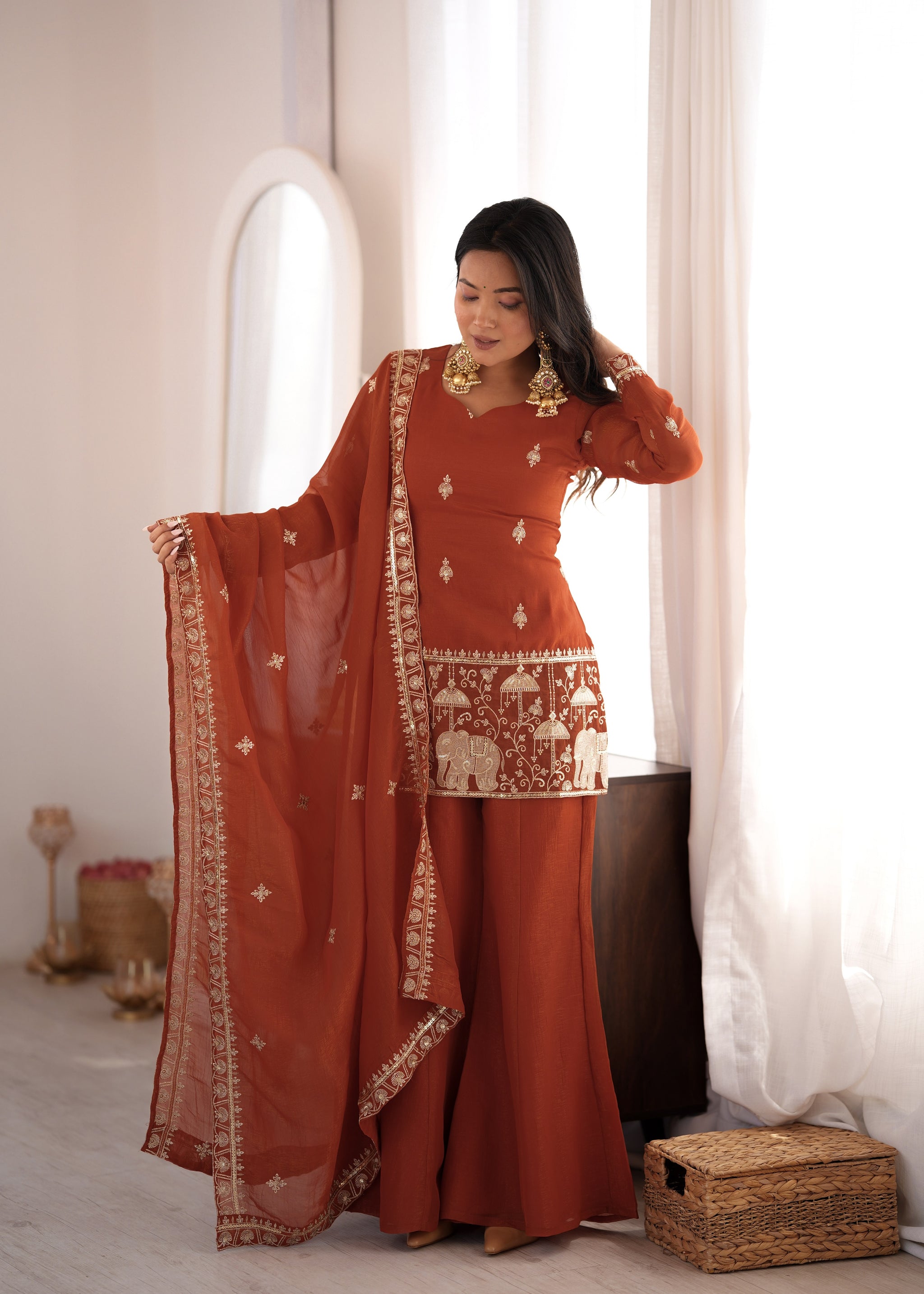 Rust Orange Color Crunchy Silk Embroidered Plazzo Suit