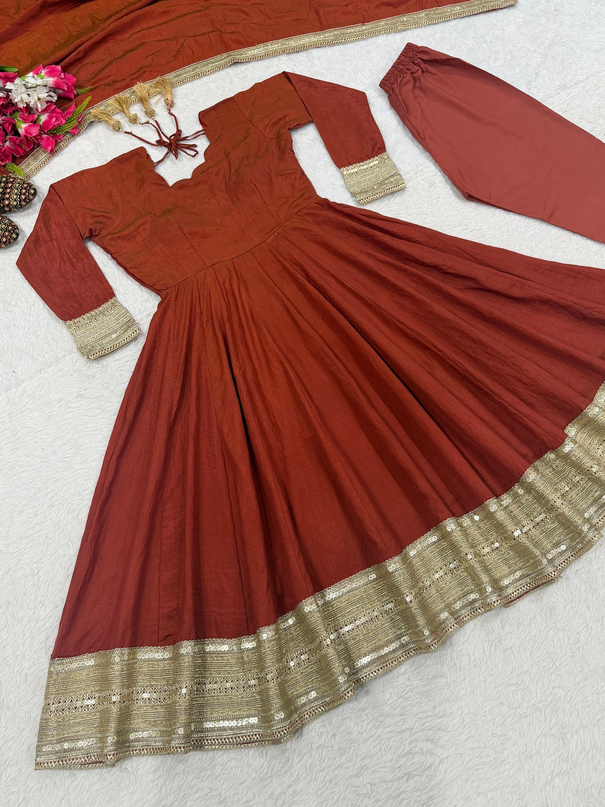 Rust Sequin Embroidered Anarkali Suit with Dupatta