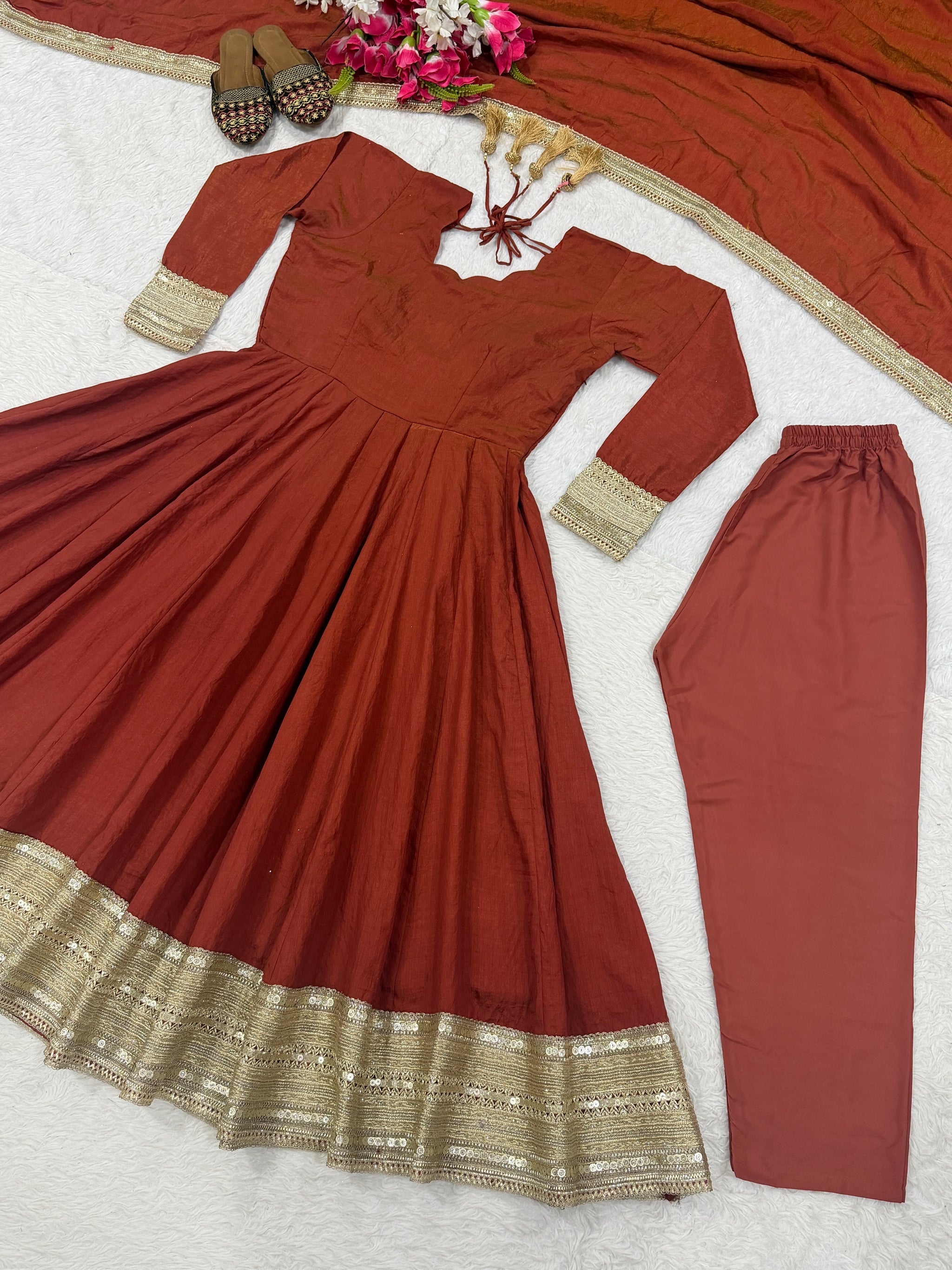 Rust Sequin Embroidered Anarkali Suit with Dupatta