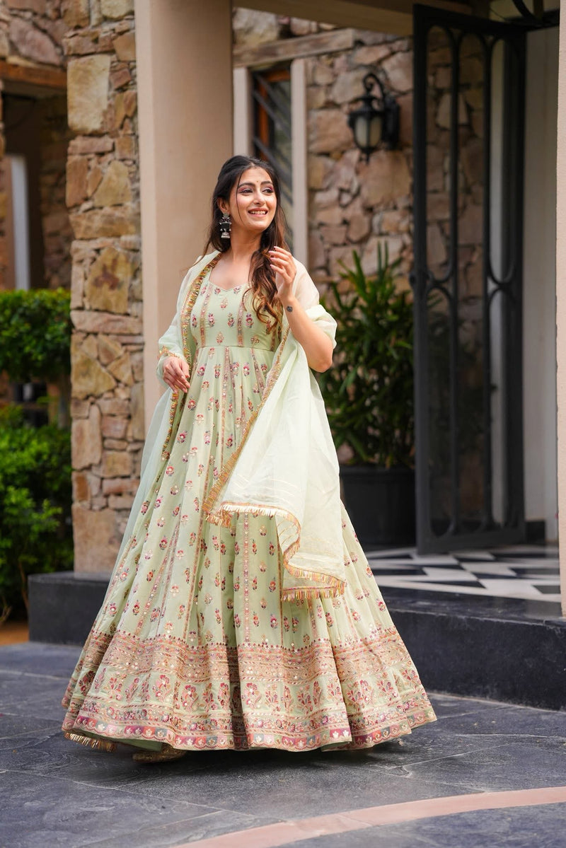 Designer Pista Green sequence Embroidery Anarkali Gown For Festive & Wedding Wear