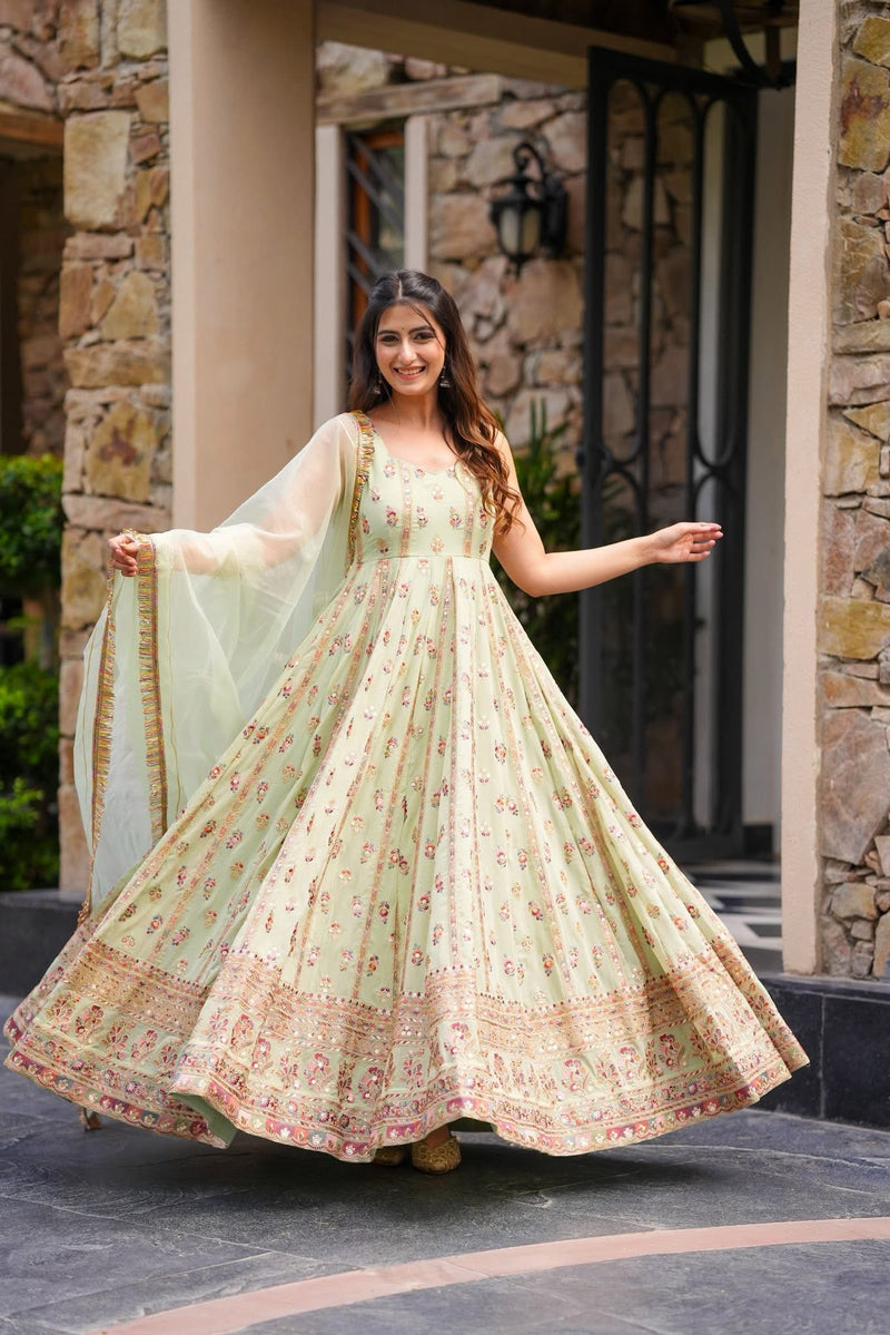 Designer Pista Green sequence Embroidery Anarkali Gown For Festive & Wedding Wear