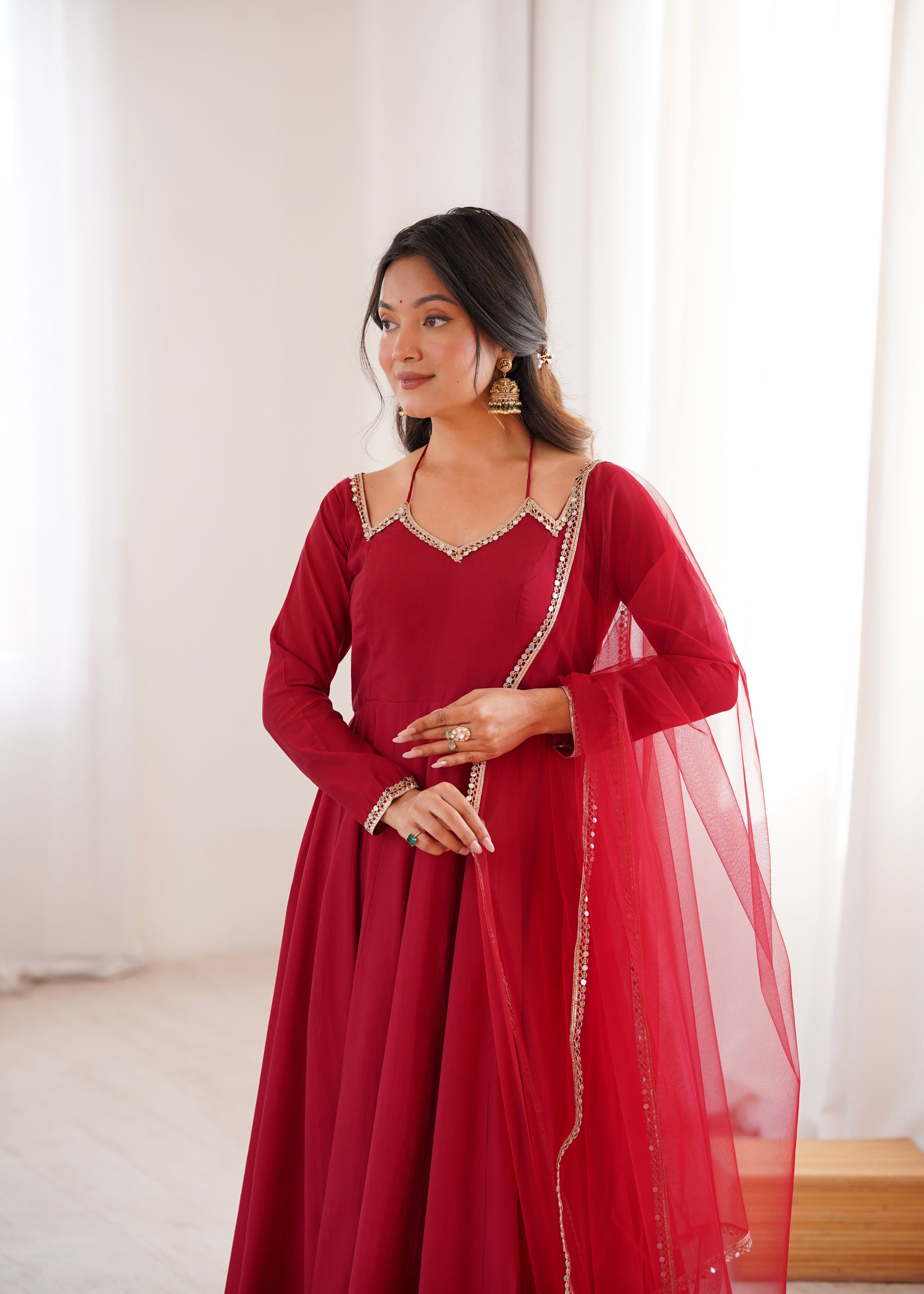 Maroon Color Chanderi Roman Silk Three Piece Anarkali Suit