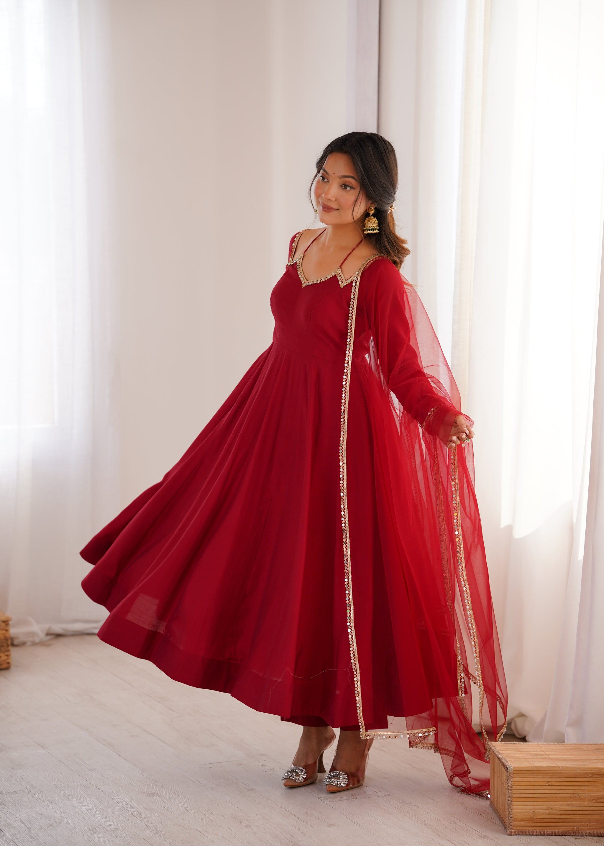 Maroon Color Chanderi Roman Silk Three Piece Anarkali Suit
