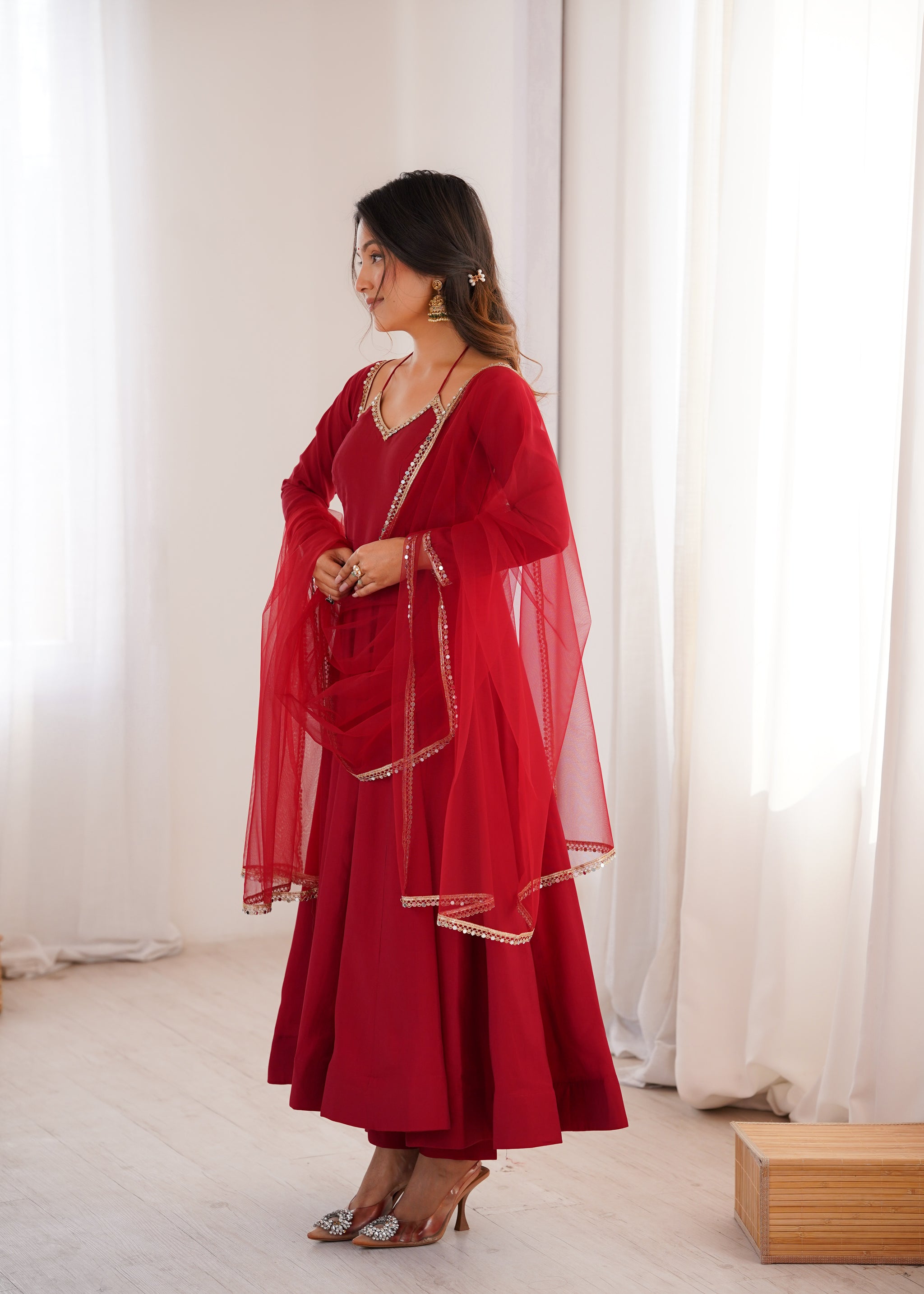 Maroon Color Chanderi Roman Silk Three Piece Anarkali Suit