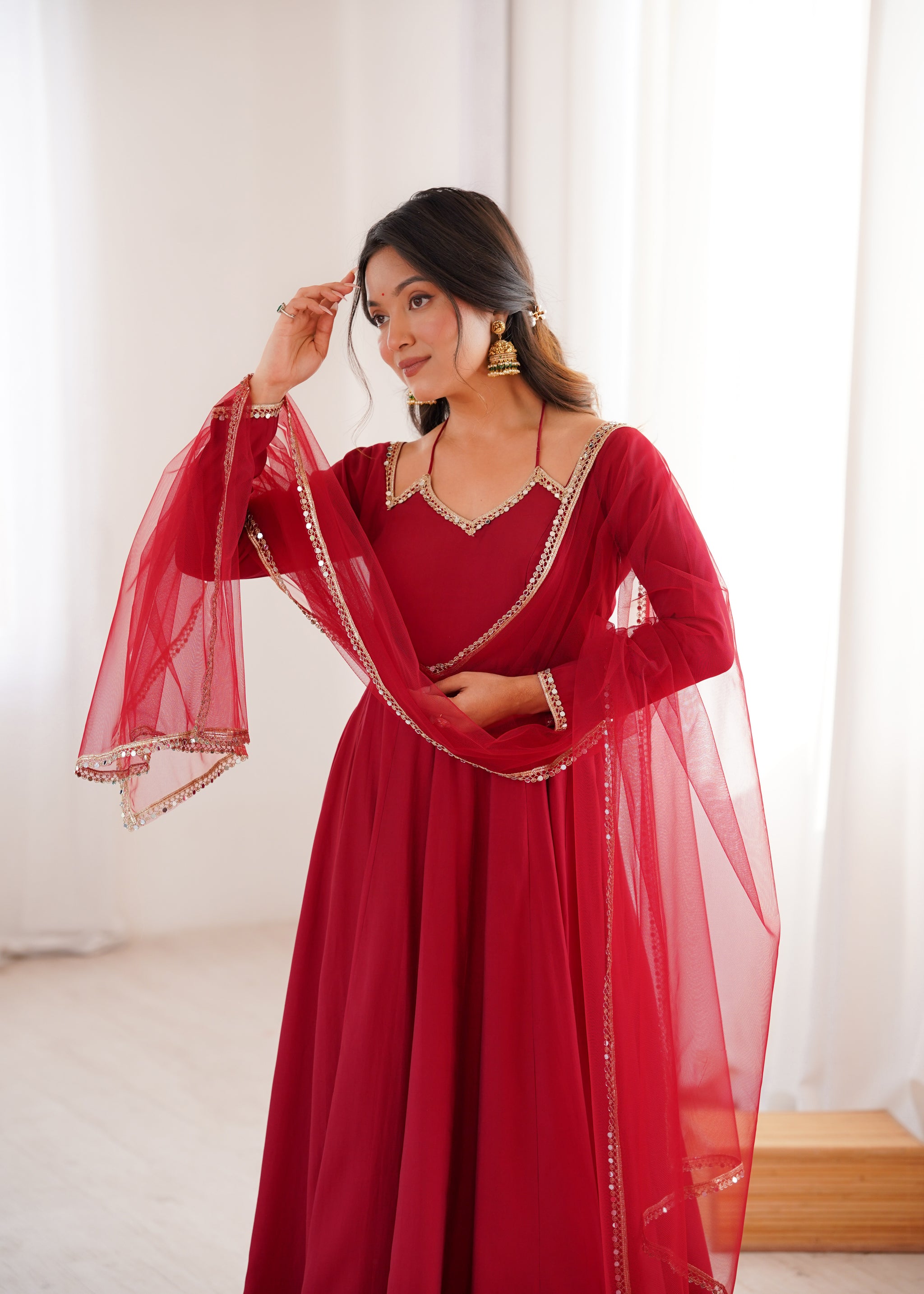 Maroon Color Chanderi Roman Silk Three Piece Anarkali Suit