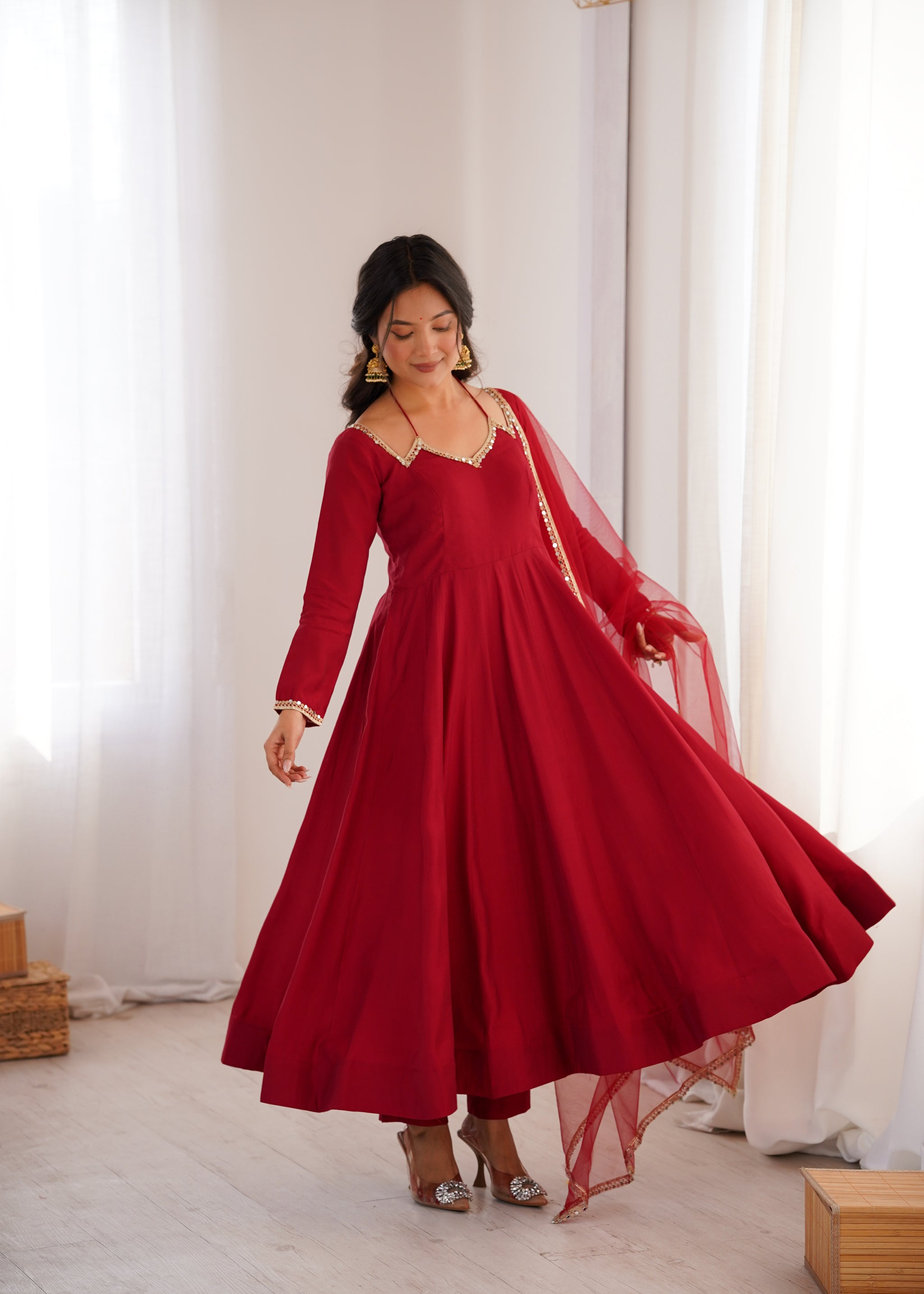 Maroon Color Chanderi Roman Silk Three Piece Anarkali Suit