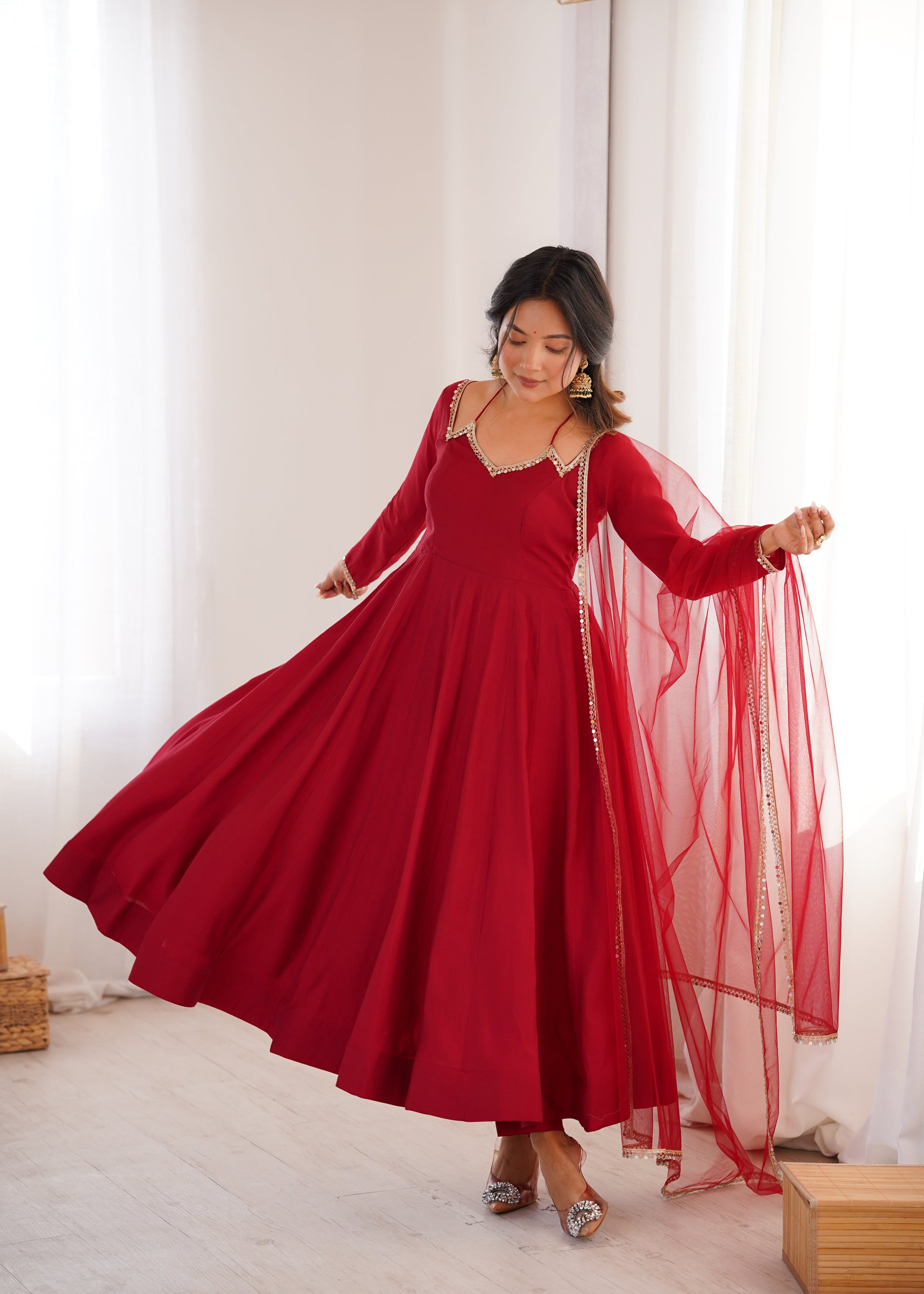 Maroon Color Chanderi Roman Silk Three Piece Anarkali Suit