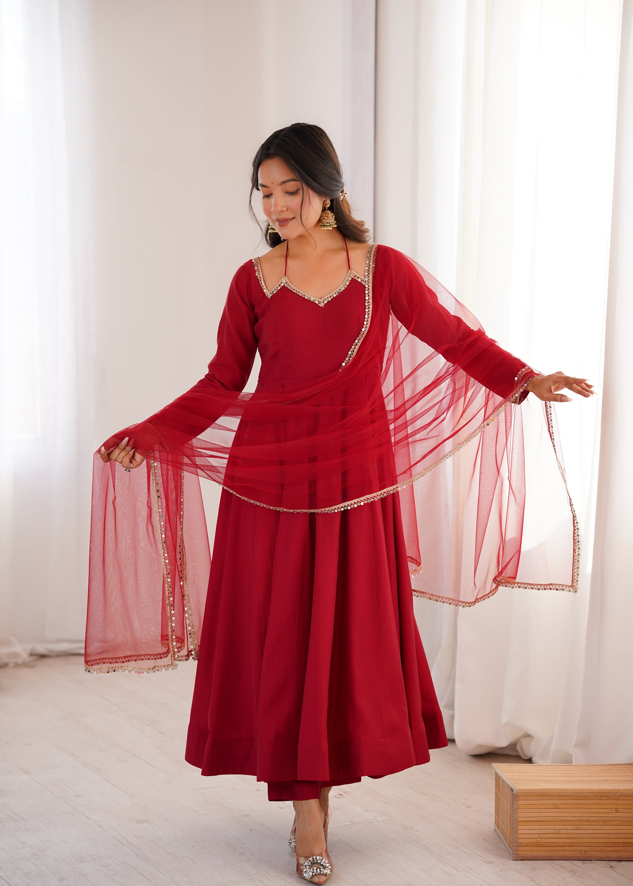 Maroon Color Chanderi Roman Silk Three Piece Anarkali Suit