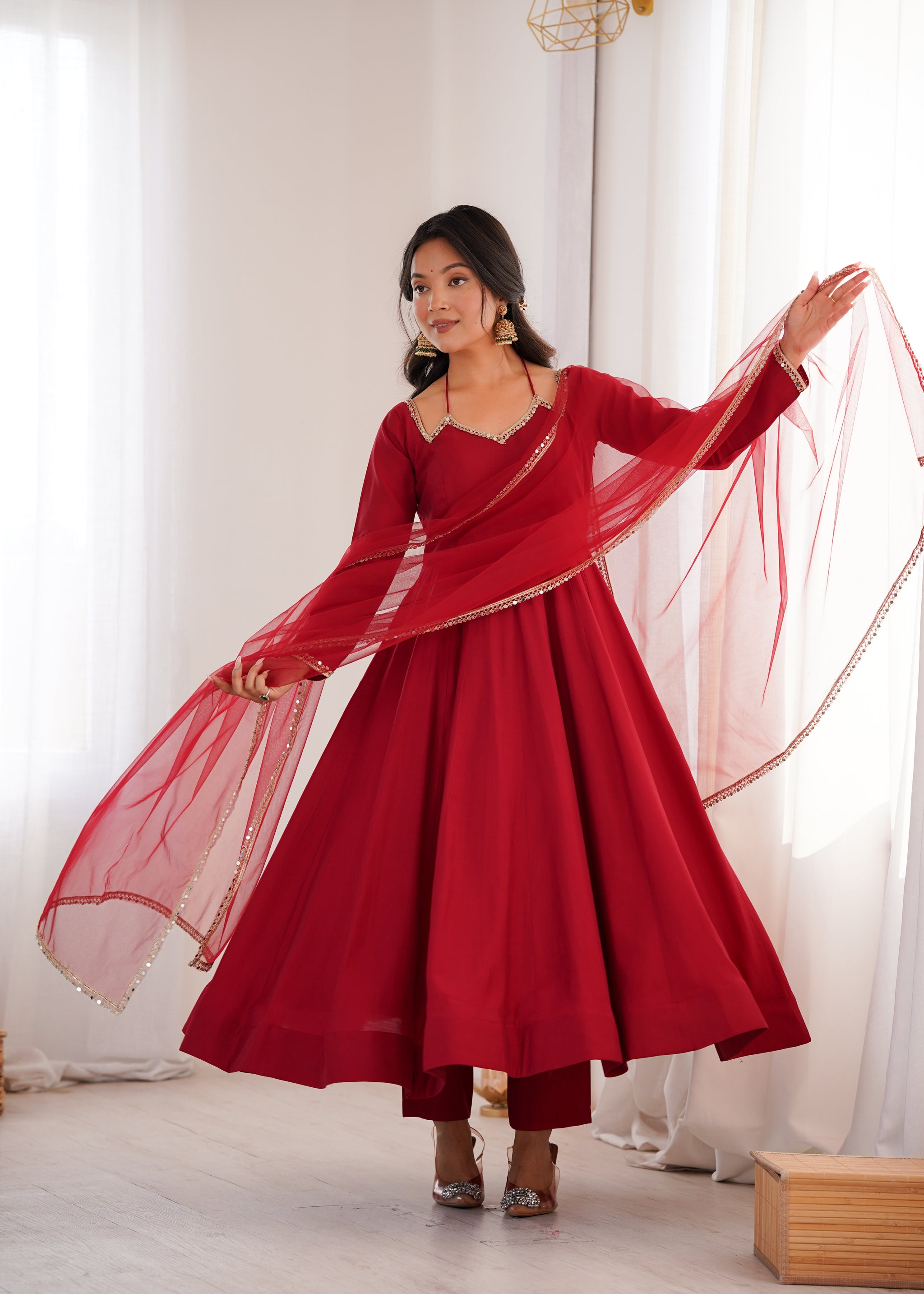 Maroon Color Chanderi Roman Silk Three Piece Anarkali Suit