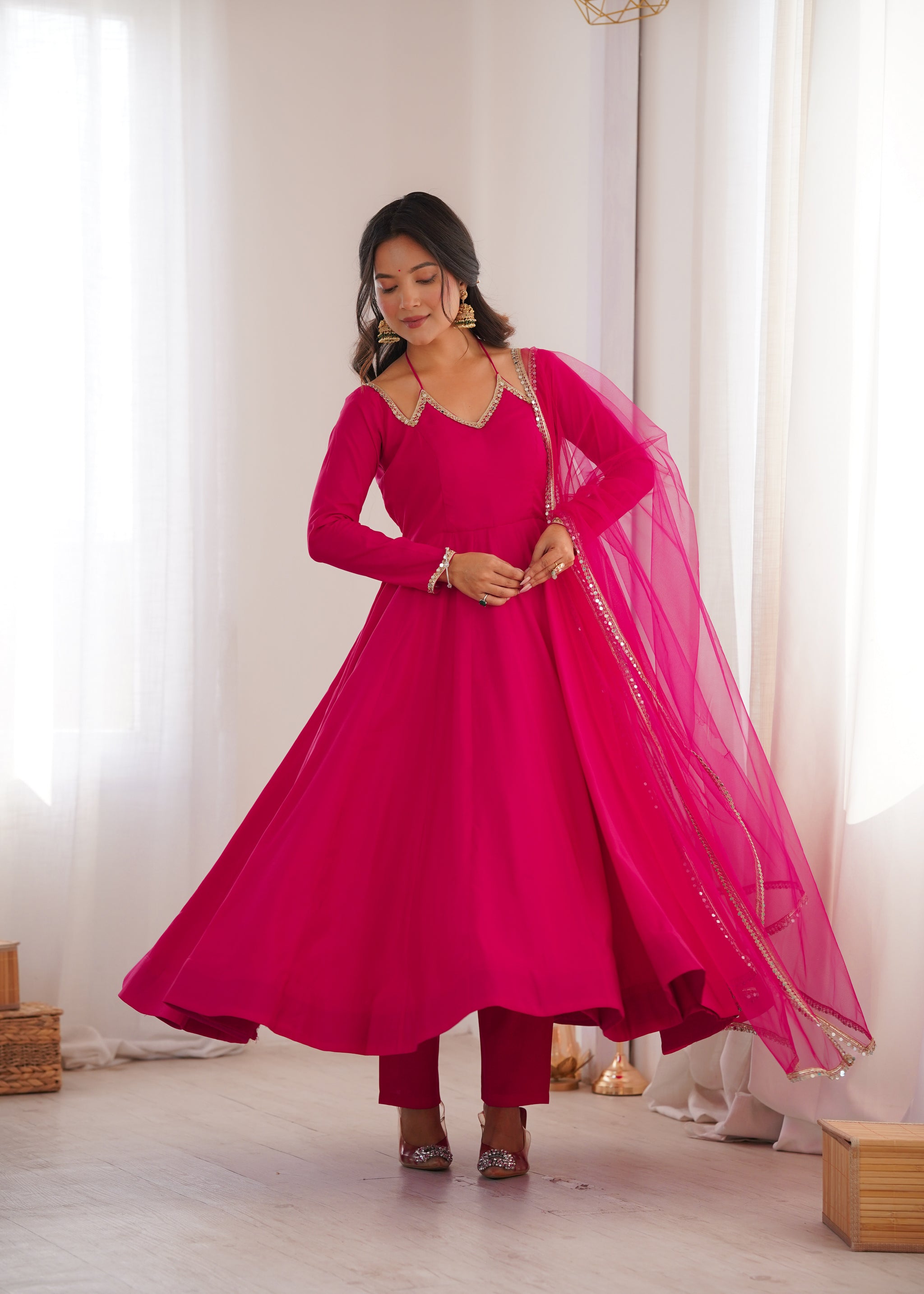 Rani Pink Color Chanderi Roman Silk Three Piece Anarkali Suit