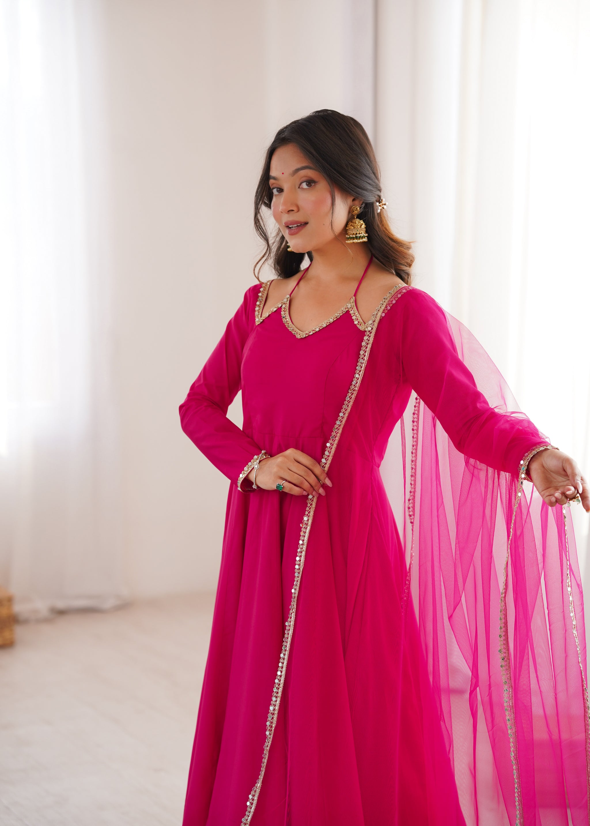Rani Pink Color Chanderi Roman Silk Three Piece Anarkali Suit