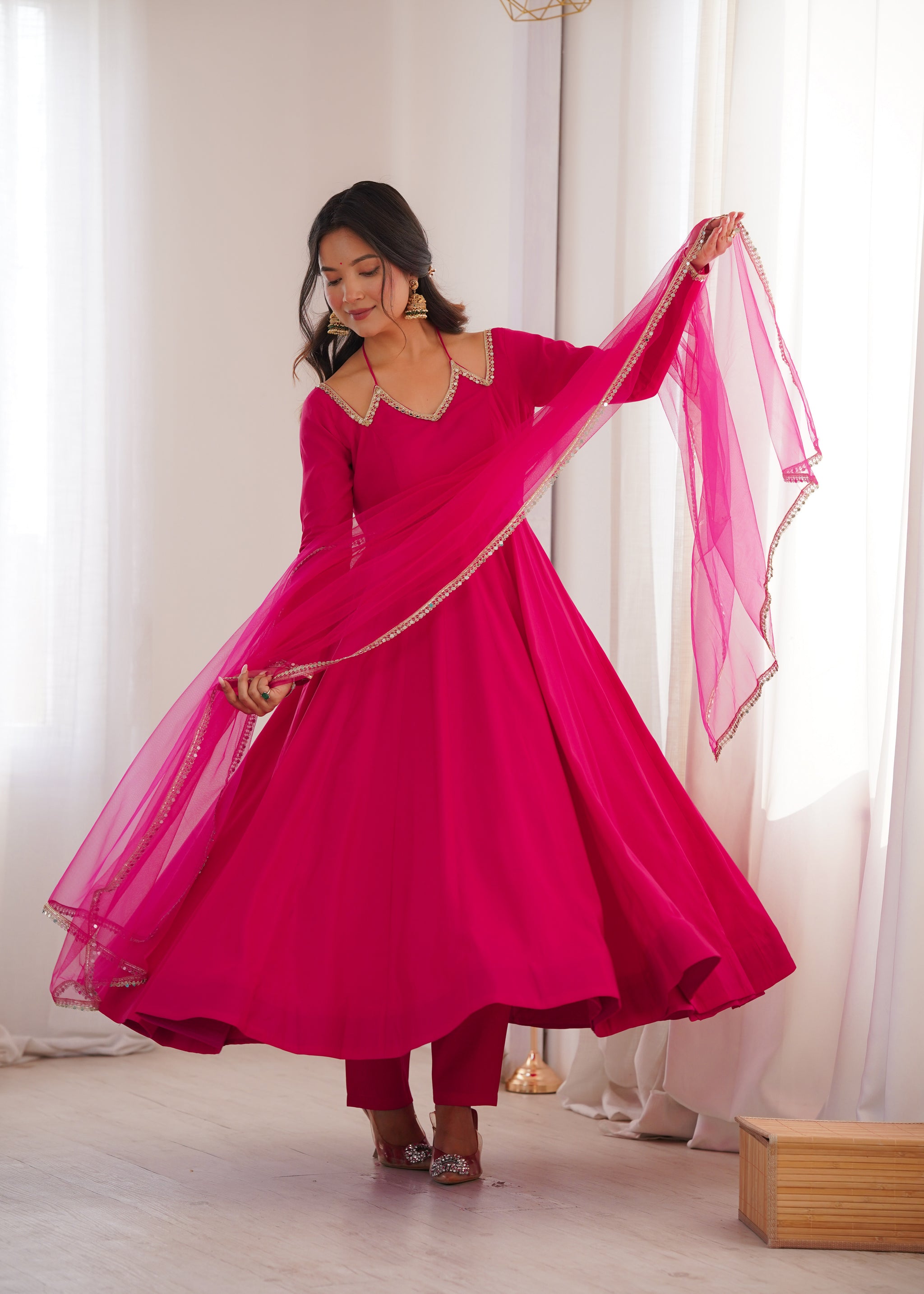 Rani Pink Color Chanderi Roman Silk Three Piece Anarkali Suit