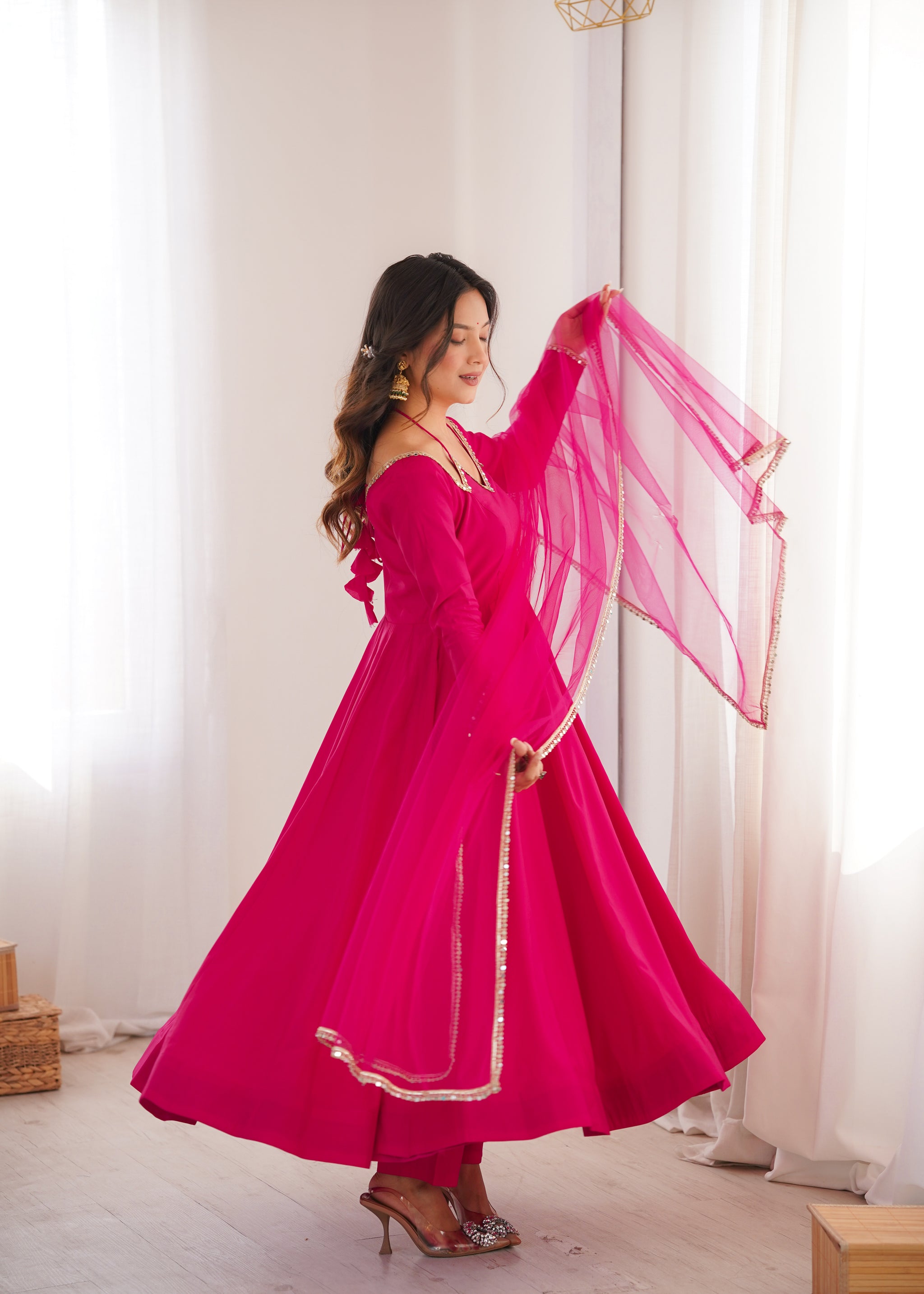 Rani Pink Color Chanderi Roman Silk Three Piece Anarkali Suit