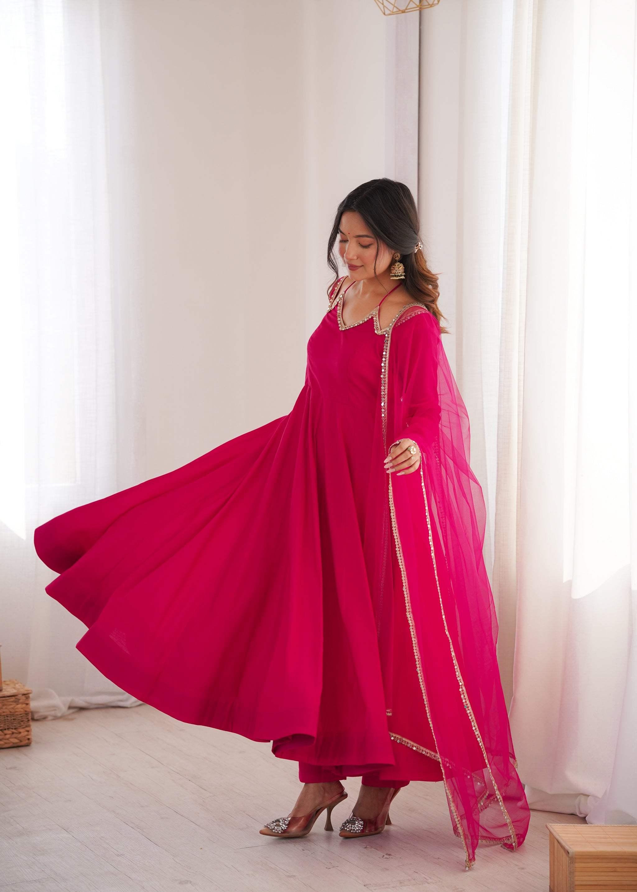 Rani Pink Color Chanderi Roman Silk Three Piece Anarkali Suit
