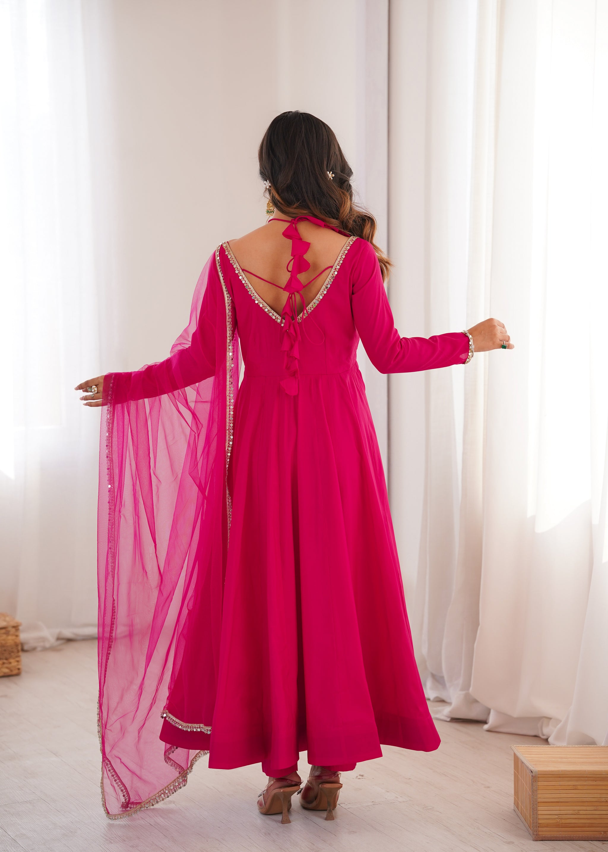 Rani Pink Color Chanderi Roman Silk Three Piece Anarkali Suit