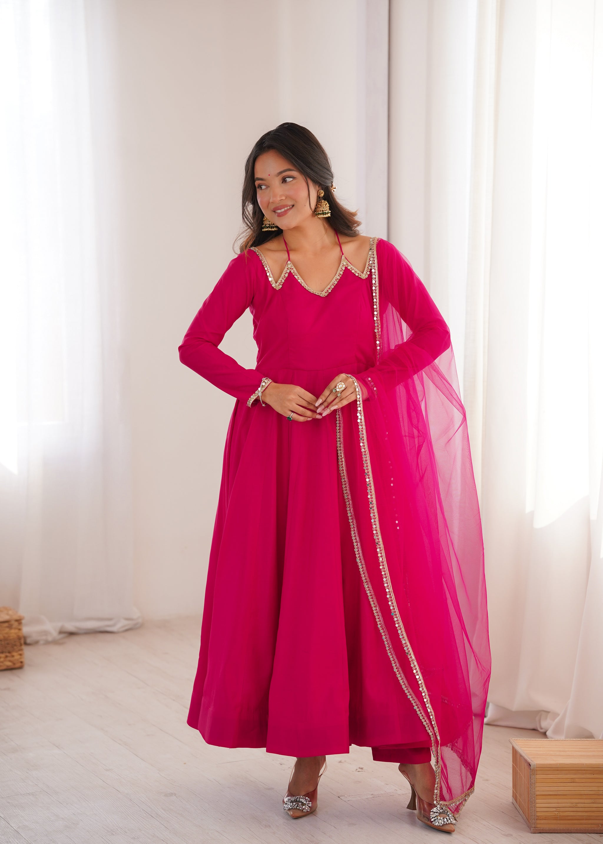 Rani Pink Color Chanderi Roman Silk Three Piece Anarkali Suit