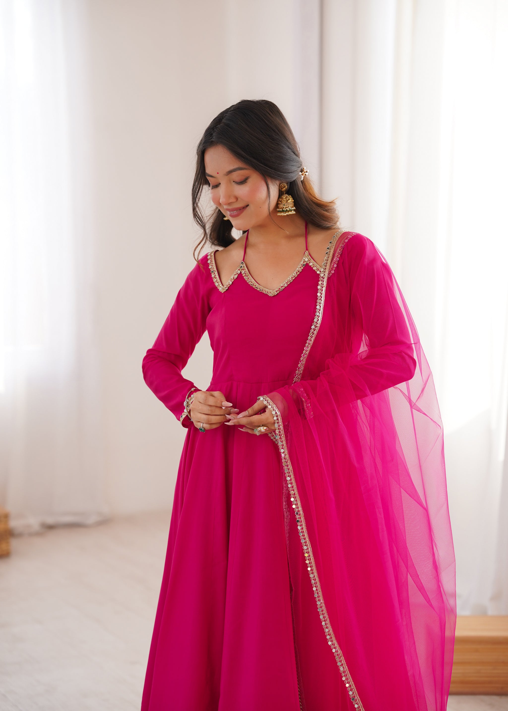 Rani Pink Color Chanderi Roman Silk Three Piece Anarkali Suit